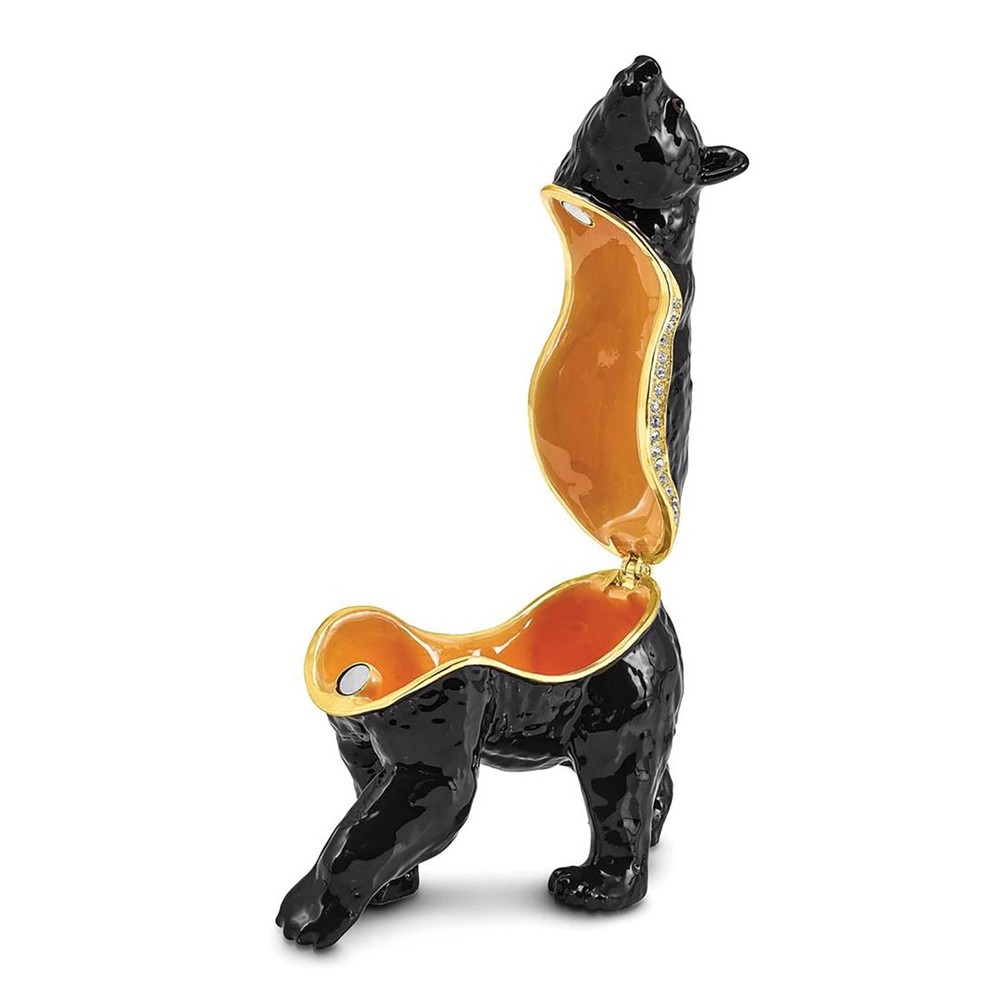 Pewter Bejeweled Crystals Gold-Tone Enameled Smokey Walking Black Bear Trinket Container Bejeweled Trinket Box with Matching 18 Inch Necklace, Hand Painted Enameled Collectible Gift