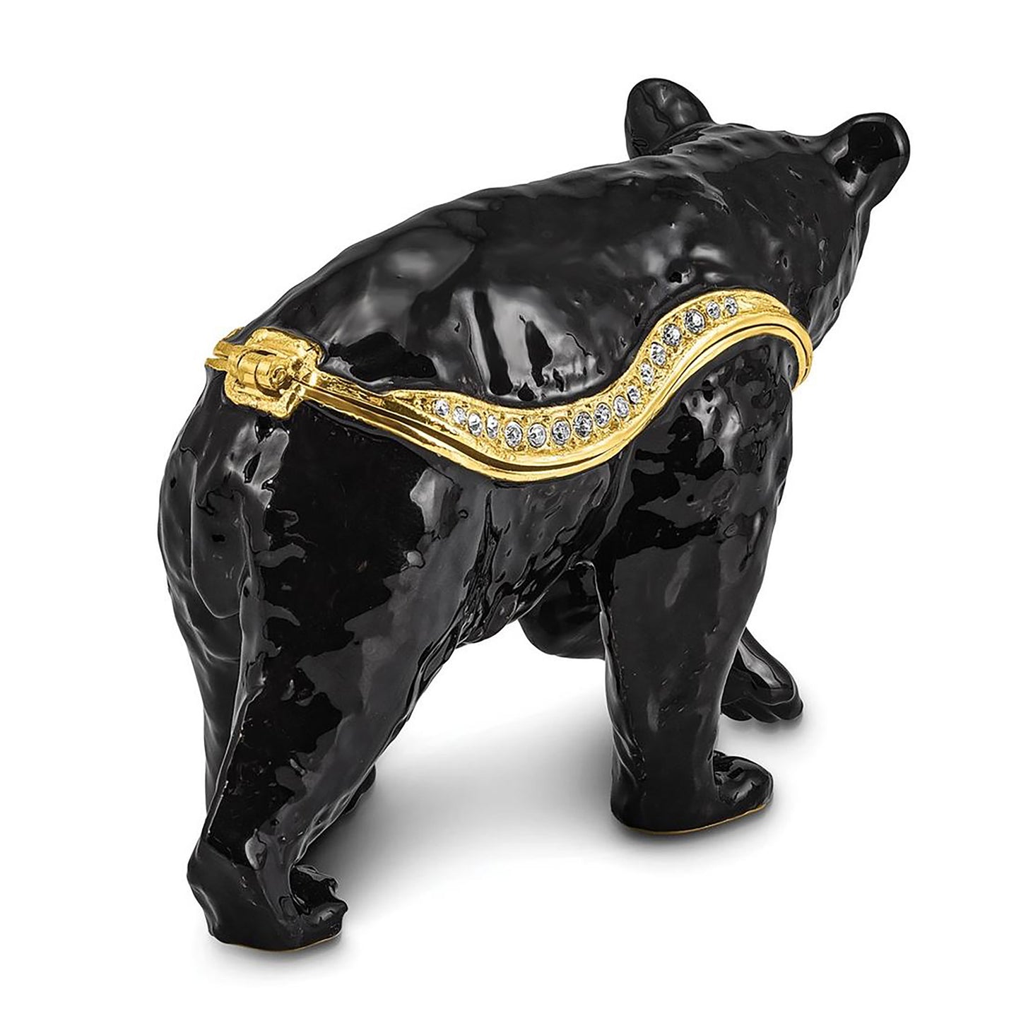 Pewter Bejeweled Crystals Gold-Tone Enameled Smokey Walking Black Bear Trinket Container Bejeweled Trinket Box with Matching 18 Inch Necklace, Hand Painted Enameled Collectible Gift
