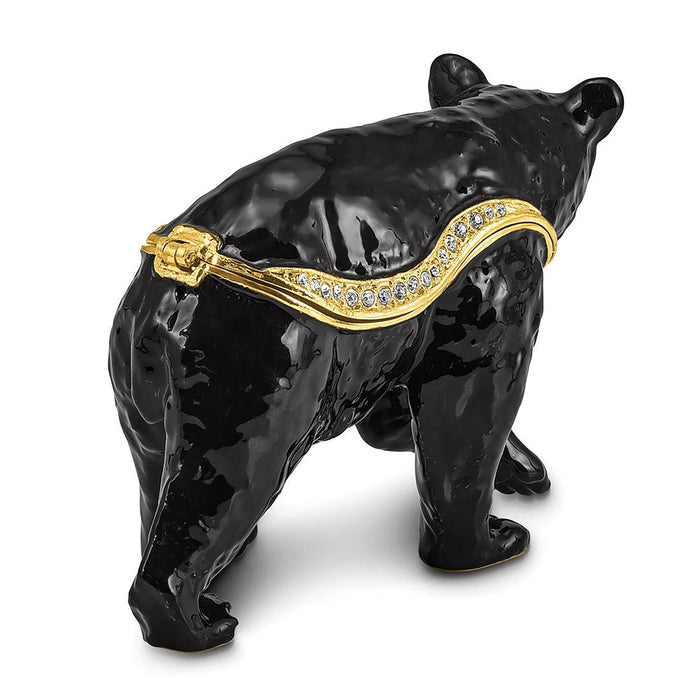 Jere Luxury Giftware Pewter Bejeweled Crystals Gold-Tone Enameled Smokey Walking Black Bear Trinket Container w Matching 18 Inch Necklace