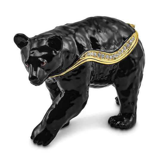 Pewter Bejeweled Crystals Gold-Tone Enameled Smokey Walking Black Bear Trinket Container Bejeweled Trinket Box with Matching 18 Inch Necklace, Hand Painted Enameled Collectible Gift