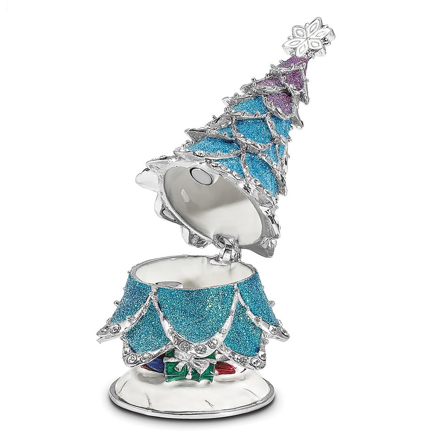 Pewter Bejeweled Crystals Silver-Tone Enameled Arctic Blue Christmas Tree Trinket Container Bejeweled Trinket Box with Matching 18 Inch Necklace, Hand Painted Enameled Collectible Gift