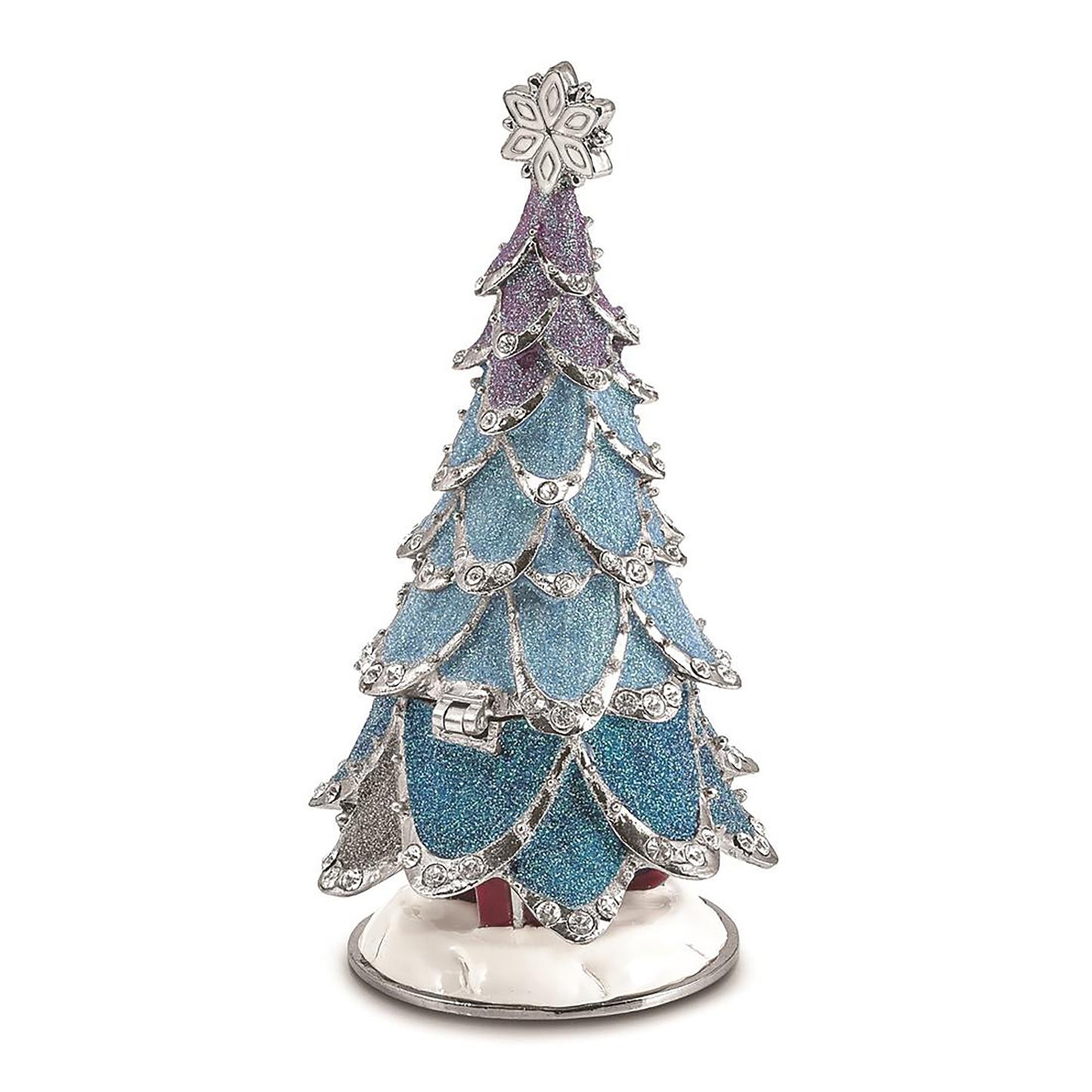 Pewter Bejeweled Crystals Silver-Tone Enameled Arctic Blue Christmas Tree Trinket Container Bejeweled Trinket Box with Matching 18 Inch Necklace, Hand Painted Enameled Collectible Gift