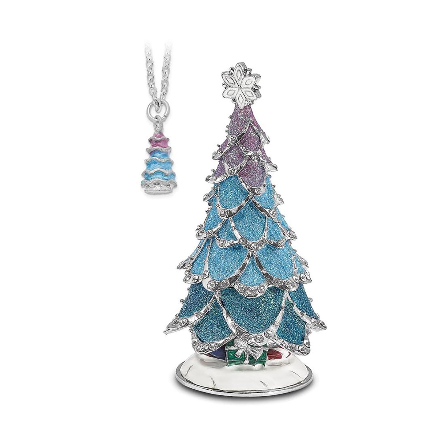 Pewter Bejeweled Crystals Silver-Tone Enameled Arctic Blue Christmas Tree Trinket Container Bejeweled Trinket Box with Matching 18 Inch Necklace, Hand Painted Enameled Collectible Gift