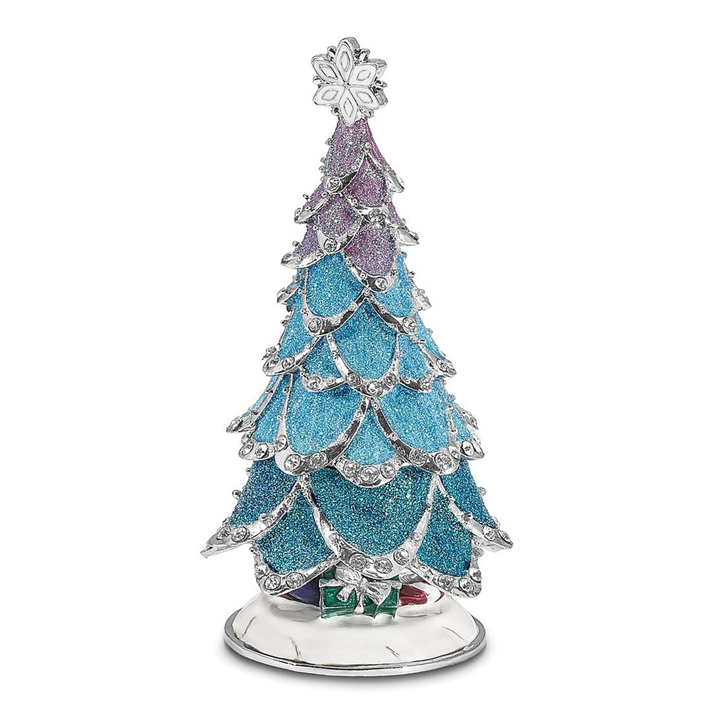 Pewter Bejeweled Crystals Silver-Tone Enameled Arctic Blue Christmas Tree Trinket Container Bejeweled Trinket Box with Matching 18 Inch Necklace, Hand Painted Enameled Collectible Gift