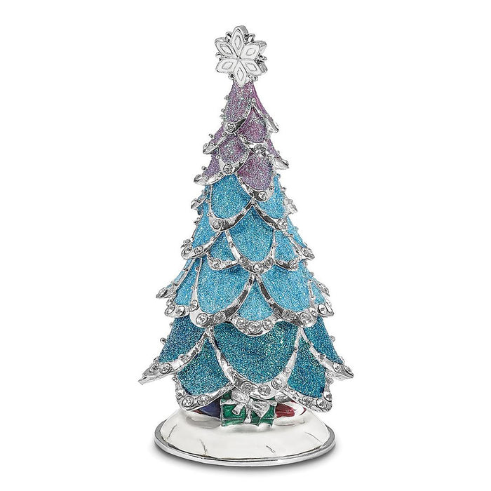 Jere Luxury Giftware Pewter Bejeweled Crystals Silver-Tone Enameled Arctic Blue Christmas Tree Trinket Container w Matching 18 Inch Necklace