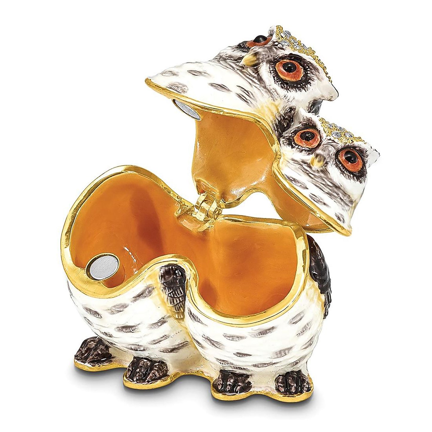 Pewter Bejeweled Crystals Gold-Tone Enameled Olga And Omar Mother And Baby Owl Trinket Container Bejeweled Trinket Box with Matching 18 Inch Necklace, Hand Painted Enameled Collectible Gift