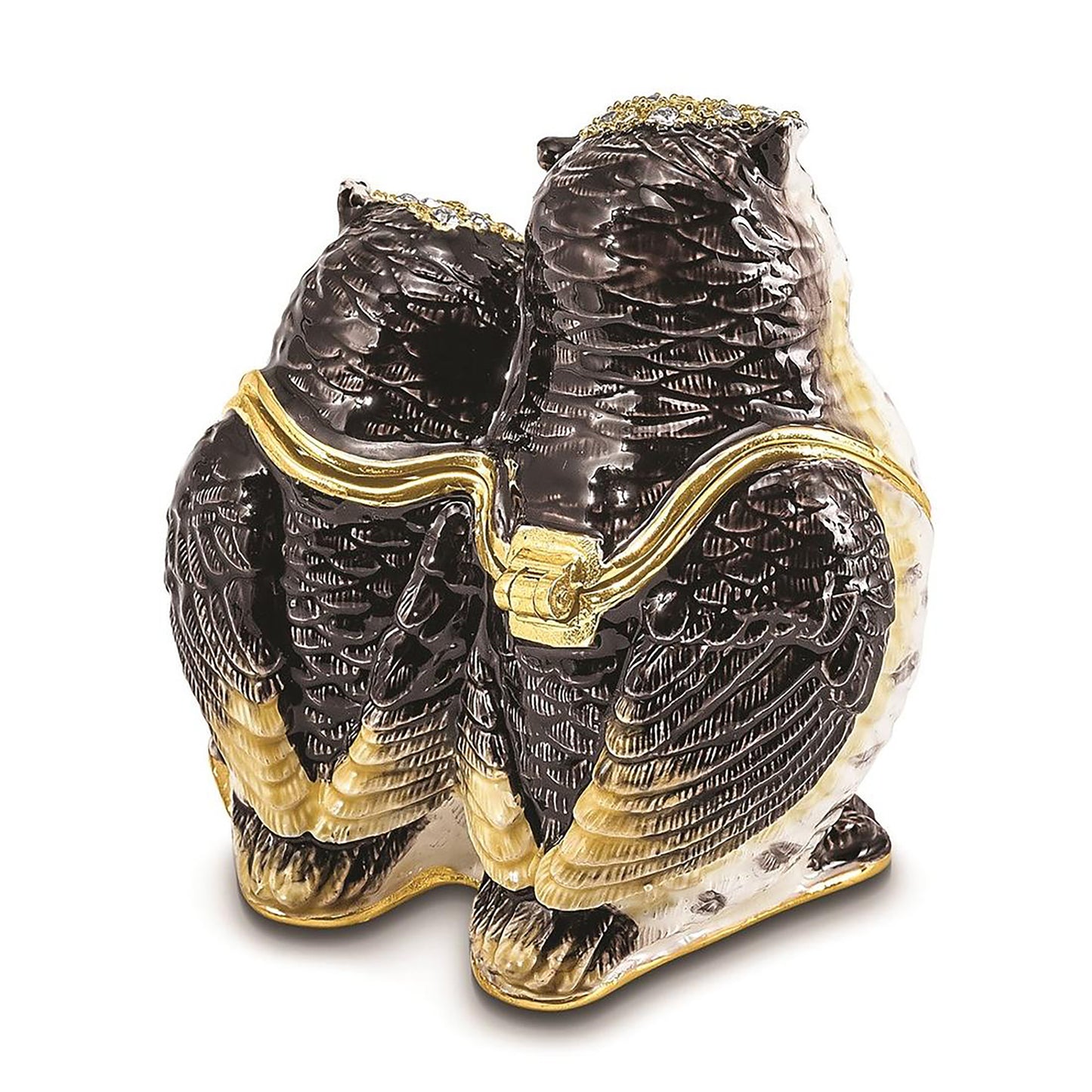 Pewter Bejeweled Crystals Gold-Tone Enameled Olga And Omar Mother And Baby Owl Trinket Container Bejeweled Trinket Box with Matching 18 Inch Necklace, Hand Painted Enameled Collectible Gift