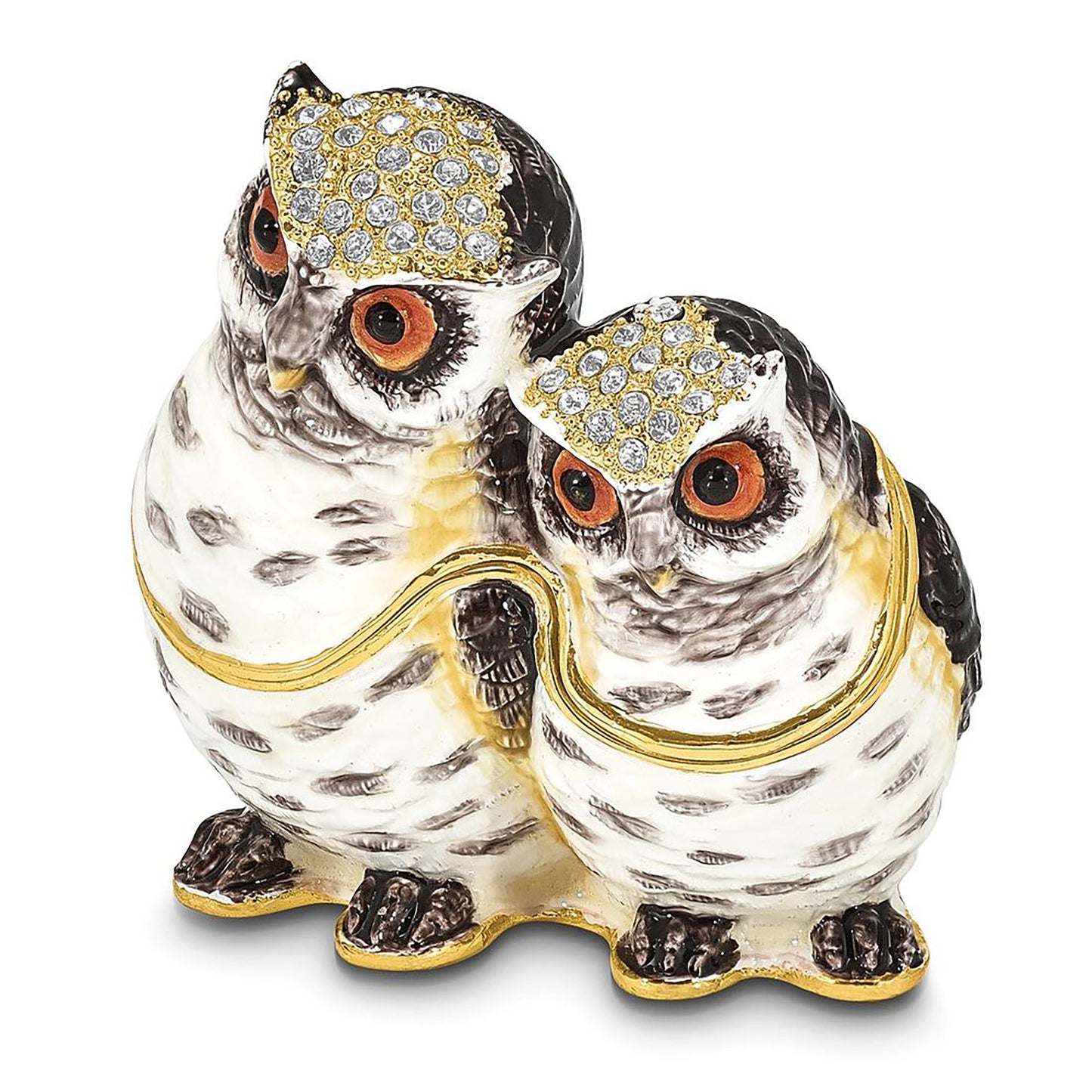 Pewter Bejeweled Crystals Gold-Tone Enameled Olga And Omar Mother And Baby Owl Trinket Container Bejeweled Trinket Box with Matching 18 Inch Necklace, Hand Painted Enameled Collectible Gift