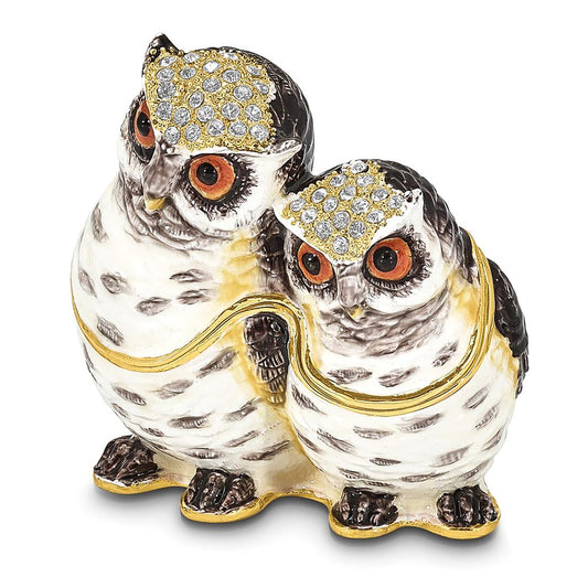 Pewter Bejeweled Crystals Gold-Tone Enameled Olga And Omar Mother And Baby Owl Trinket Container Bejeweled Trinket Box with Matching 18 Inch Necklace, Hand Painted Enameled Collectible Gift