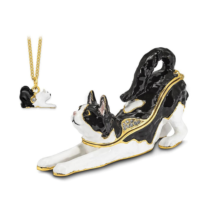 Jere Luxury Giftware Pewter Bejeweled Crystals Gold-Tone Enameled Sleepy Stretching Black And White Cat Trinket Container w Matching 18 Inch Necklace