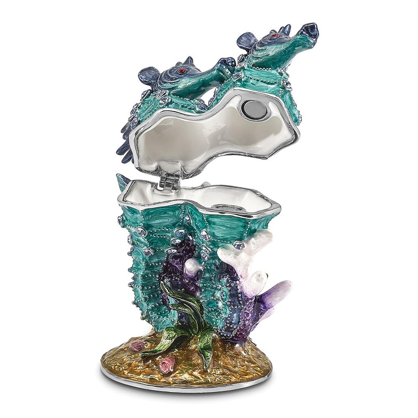 Pewter Bejeweled Crystals Silver-Tone Enameled Echo Twin Sea Horse Trinket Container Bejeweled Trinket Box with Matching 18 Inch Necklace, Hand Painted Enameled Collectible Gift