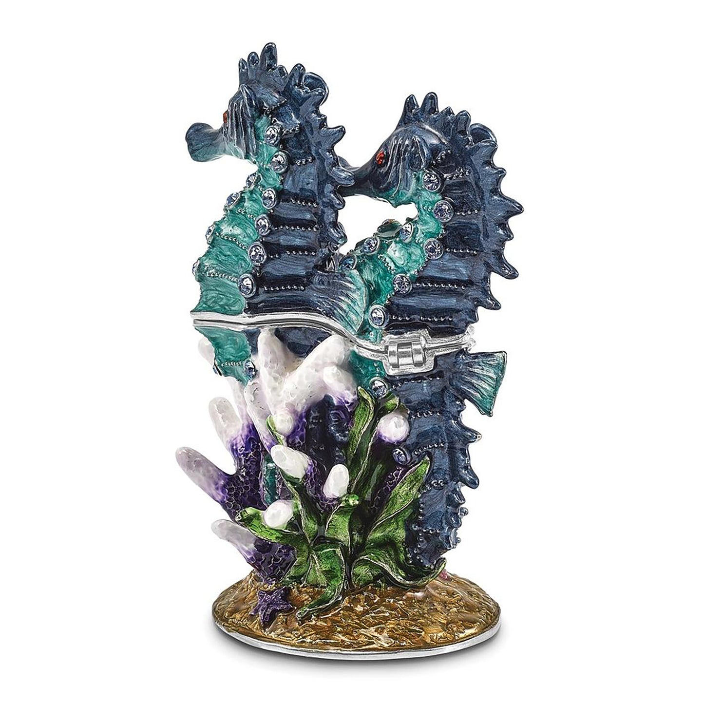 Pewter Bejeweled Crystals Silver-Tone Enameled Echo Twin Sea Horse Trinket Container Bejeweled Trinket Box with Matching 18 Inch Necklace, Hand Painted Enameled Collectible Gift