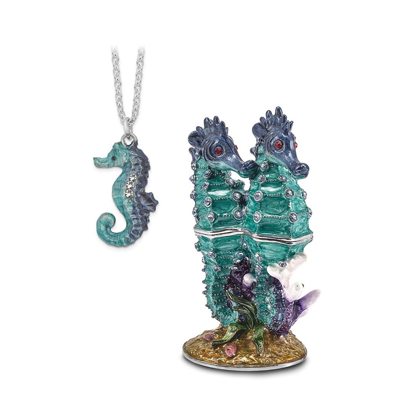 Pewter Bejeweled Crystals Silver-Tone Enameled Echo Twin Sea Horse Trinket Container Bejeweled Trinket Box with Matching 18 Inch Necklace, Hand Painted Enameled Collectible Gift