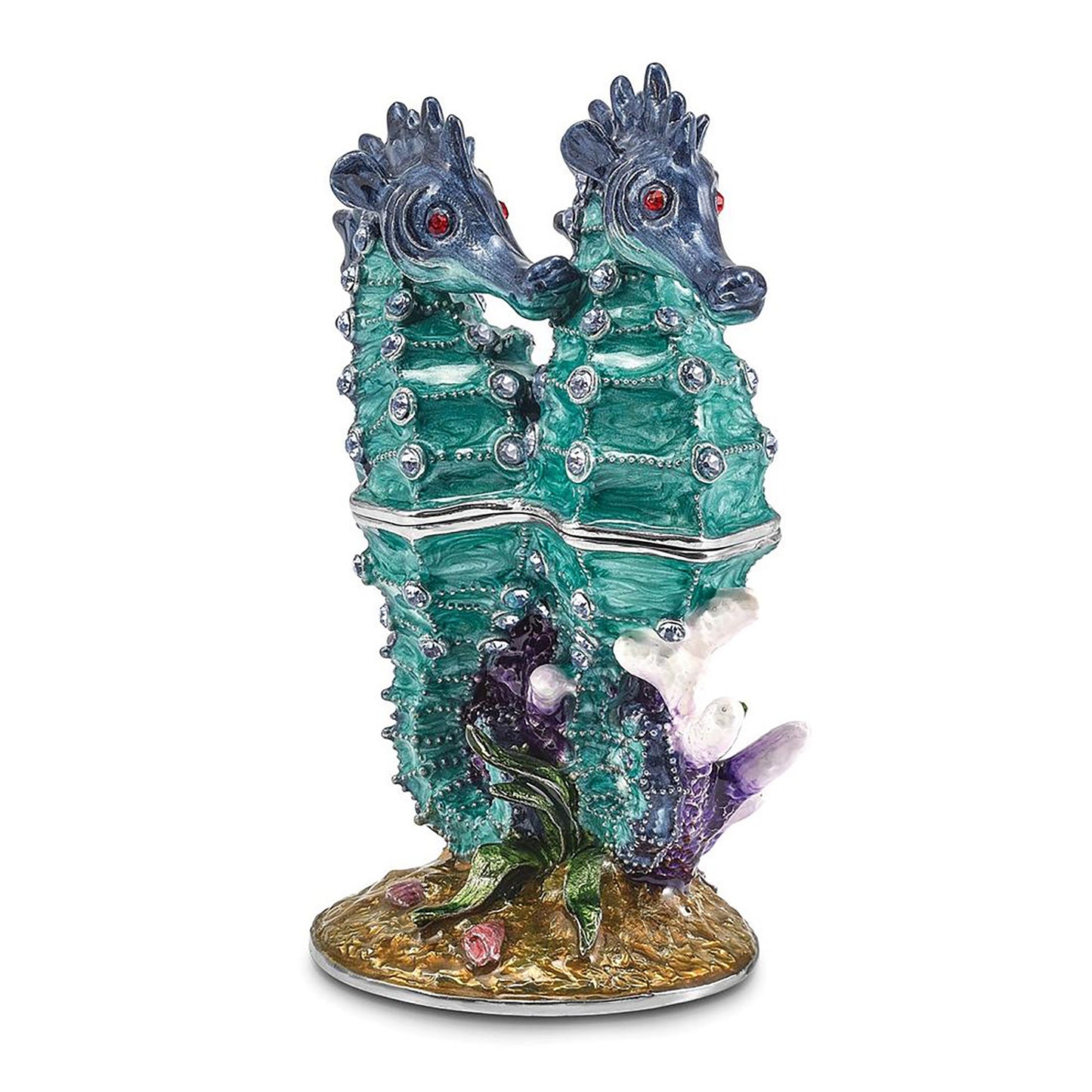 Pewter Bejeweled Crystals Silver-Tone Enameled Echo Twin Sea Horse Trinket Container Bejeweled Trinket Box with Matching 18 Inch Necklace, Hand Painted Enameled Collectible Gift