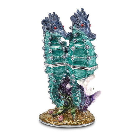Pewter Bejeweled Crystals Silver-Tone Enameled Echo Twin Sea Horse Trinket Container Bejeweled Trinket Box with Matching 18 Inch Necklace, Hand Painted Enameled Collectible Gift