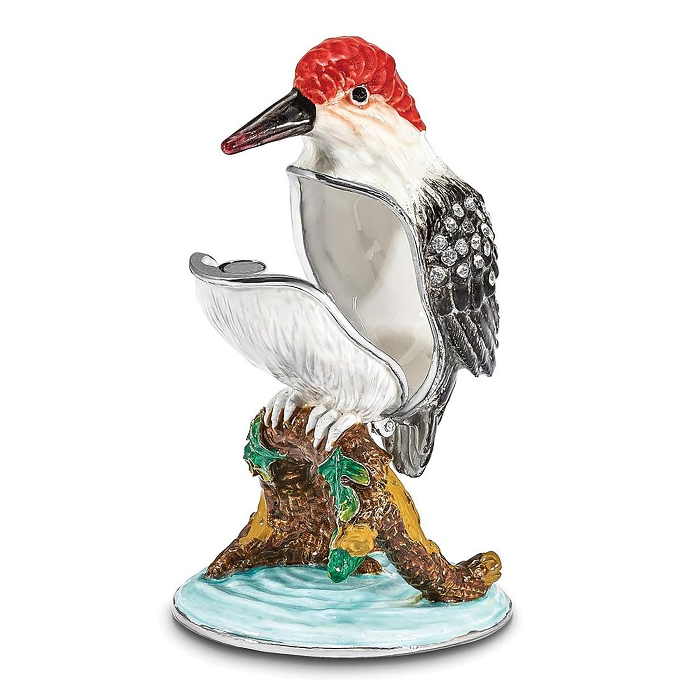 Pewter Bejeweled Crystals Silver-Tone Enameled Woodrow Woodpecker Trinket Container Bejeweled Trinket Box with Matching 18 Inch Necklace, Hand Painted Enameled Collectible Gift