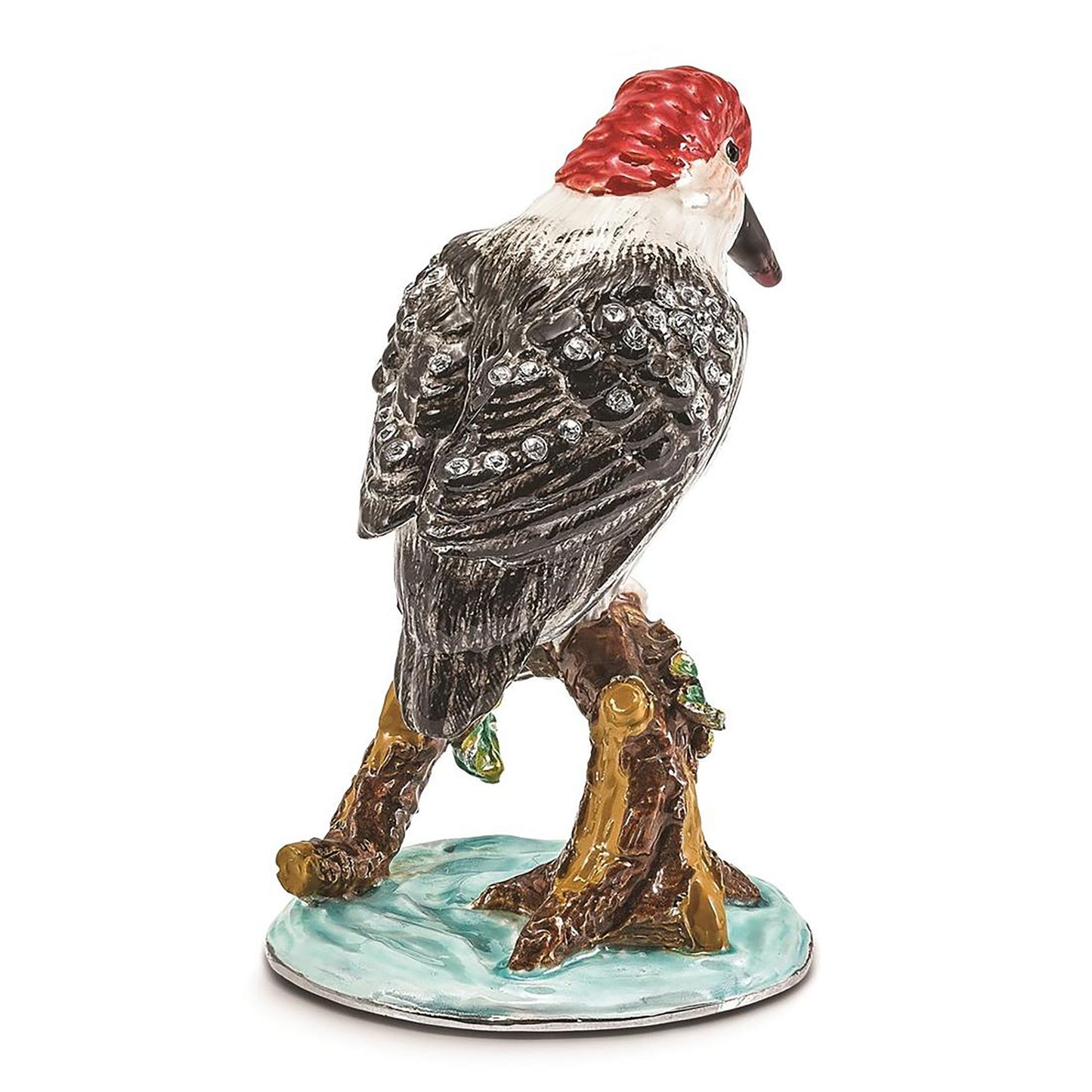 Pewter Bejeweled Crystals Silver-Tone Enameled Woodrow Woodpecker Trinket Container Bejeweled Trinket Box with Matching 18 Inch Necklace, Hand Painted Enameled Collectible Gift