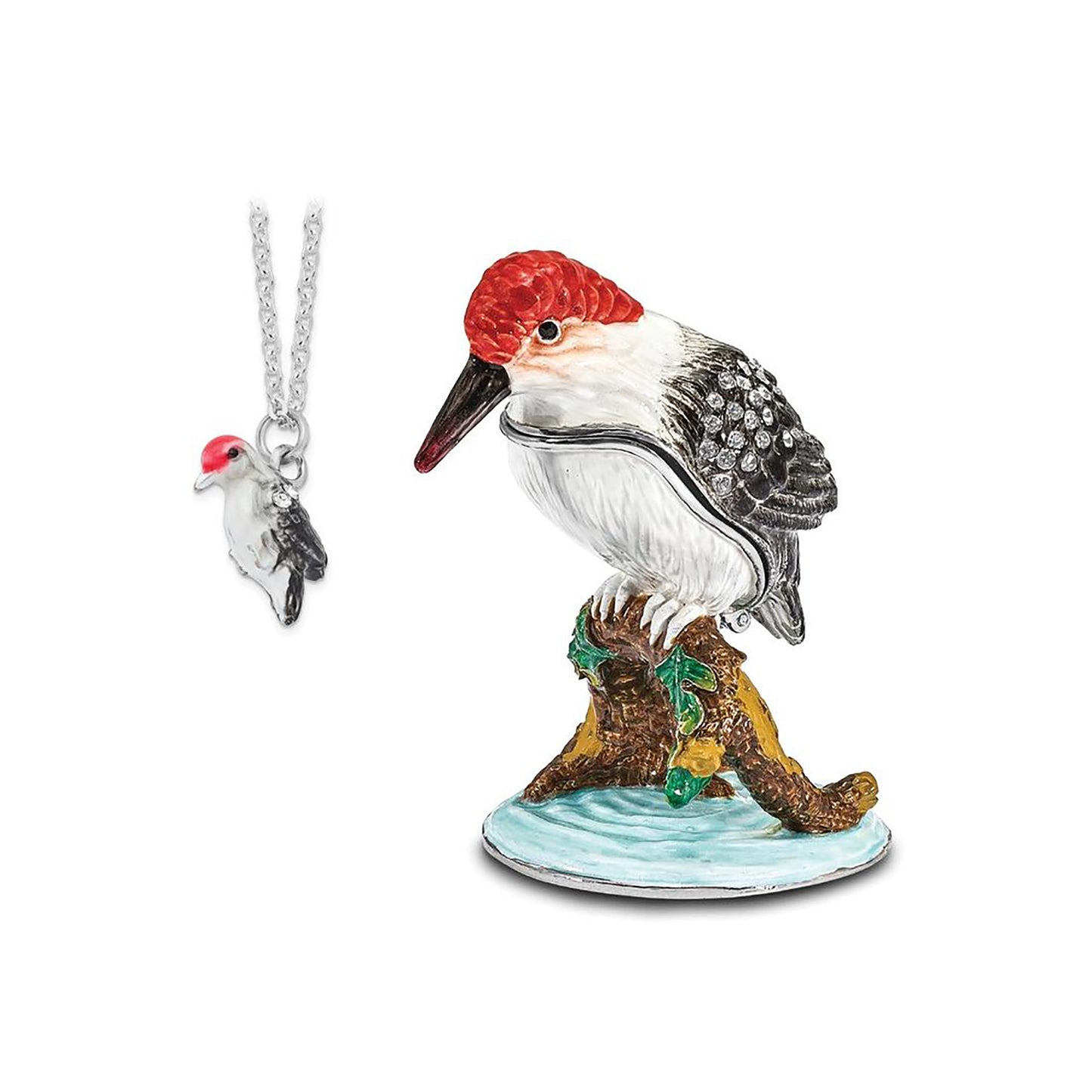 Pewter Bejeweled Crystals Silver-Tone Enameled Woodrow Woodpecker Trinket Container Bejeweled Trinket Box with Matching 18 Inch Necklace, Hand Painted Enameled Collectible Gift