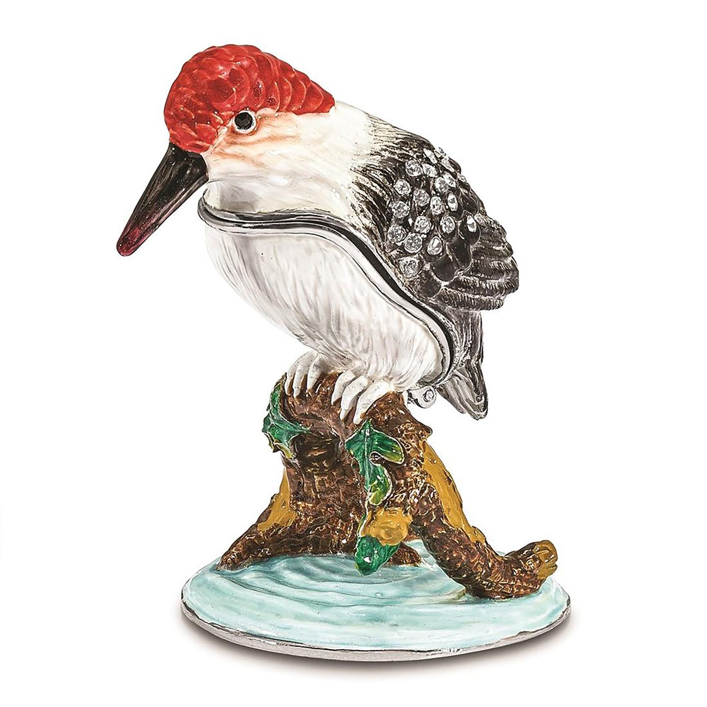 Pewter Bejeweled Crystals Silver-Tone Enameled Woodrow Woodpecker Trinket Container Bejeweled Trinket Box with Matching 18 Inch Necklace, Hand Painted Enameled Collectible Gift