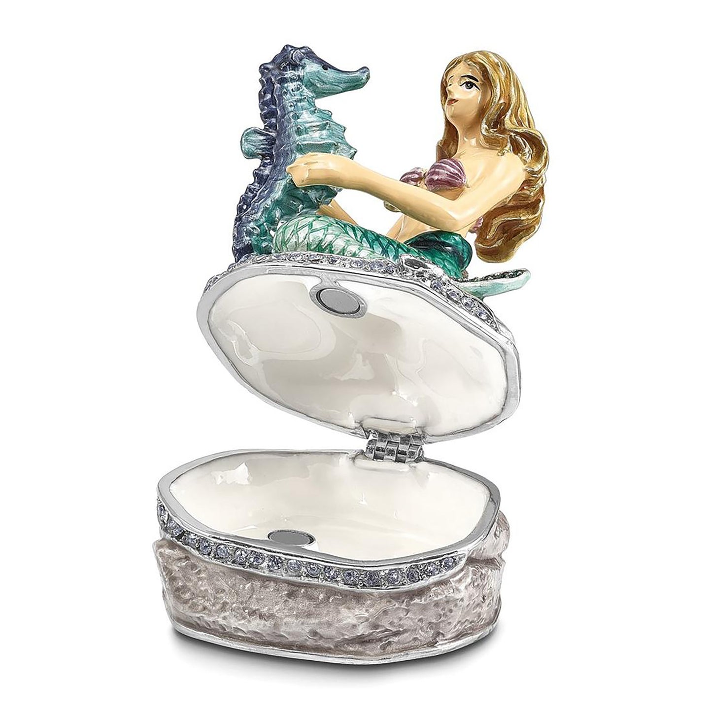 Pewter Bejeweled Crystals Silver-Tone Enameled Adella Mermaid w Seahorse Trinket Container Bejeweled Trinket Box with Matching 18 Inch Necklace, Hand Painted Enameled Collectible Gift