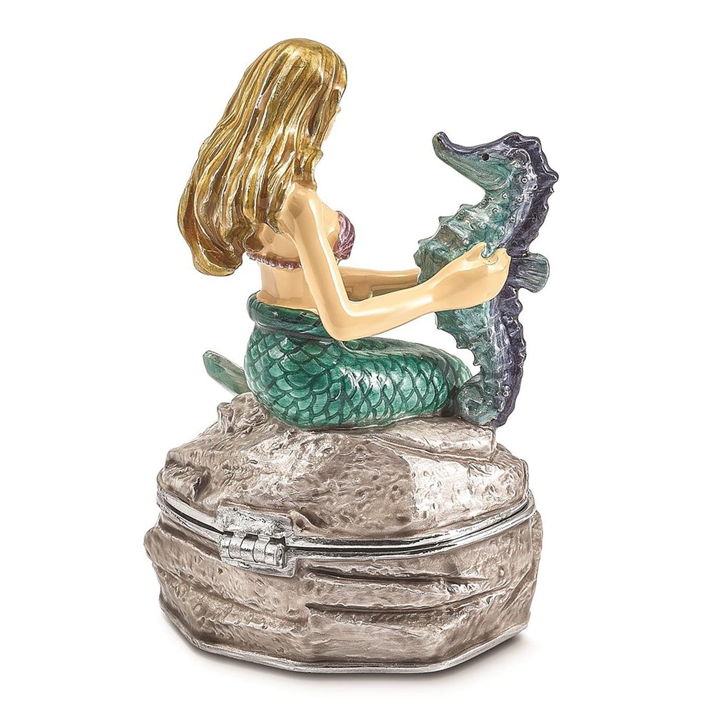 Pewter Bejeweled Crystals Silver-Tone Enameled Adella Mermaid w Seahorse Trinket Container Bejeweled Trinket Box with Matching 18 Inch Necklace, Hand Painted Enameled Collectible Gift