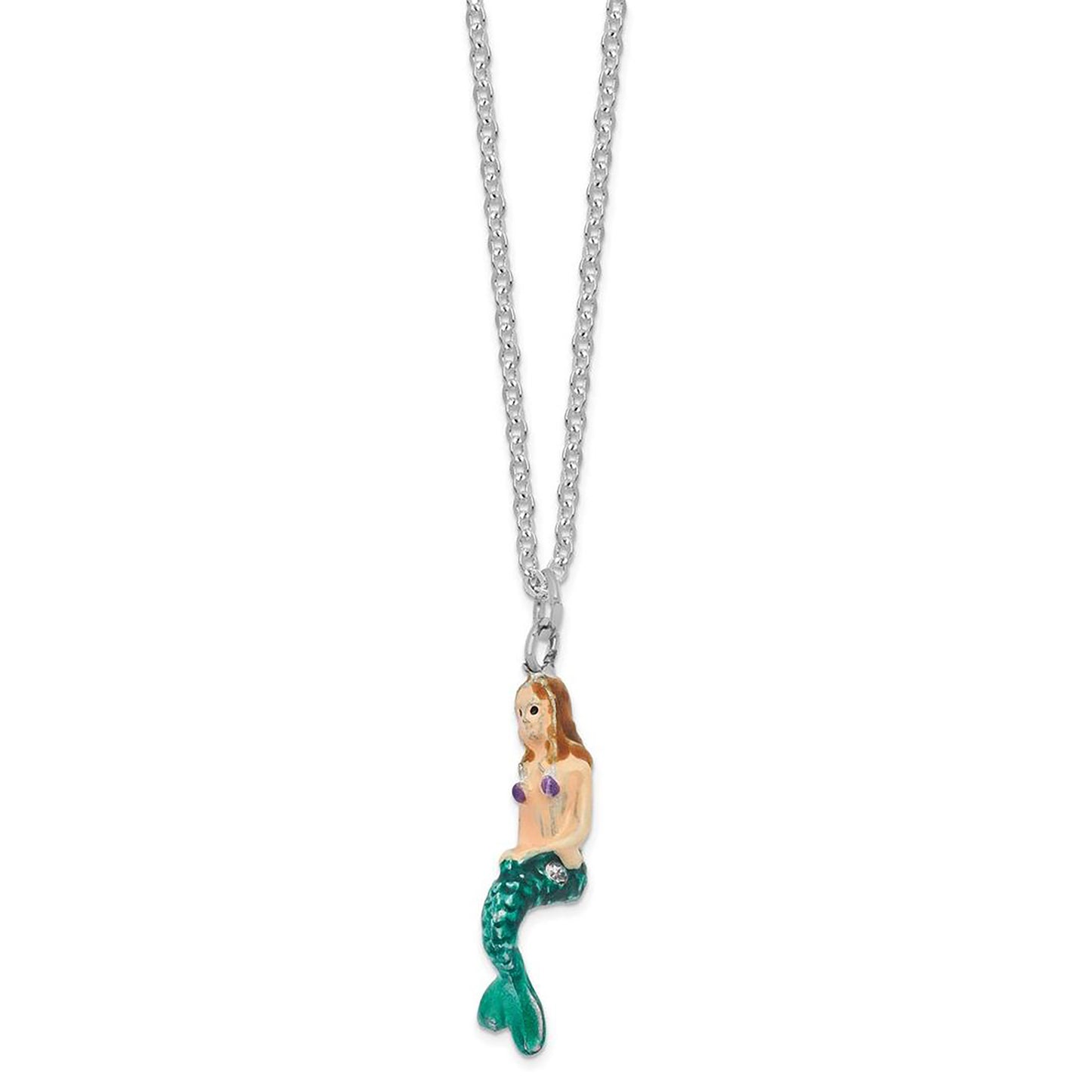 Pewter Bejeweled Crystals Silver-Tone Enameled Adella Mermaid w Seahorse Trinket Container Bejeweled Trinket Box with Matching 18 Inch Necklace, Hand Painted Enameled Collectible Gift