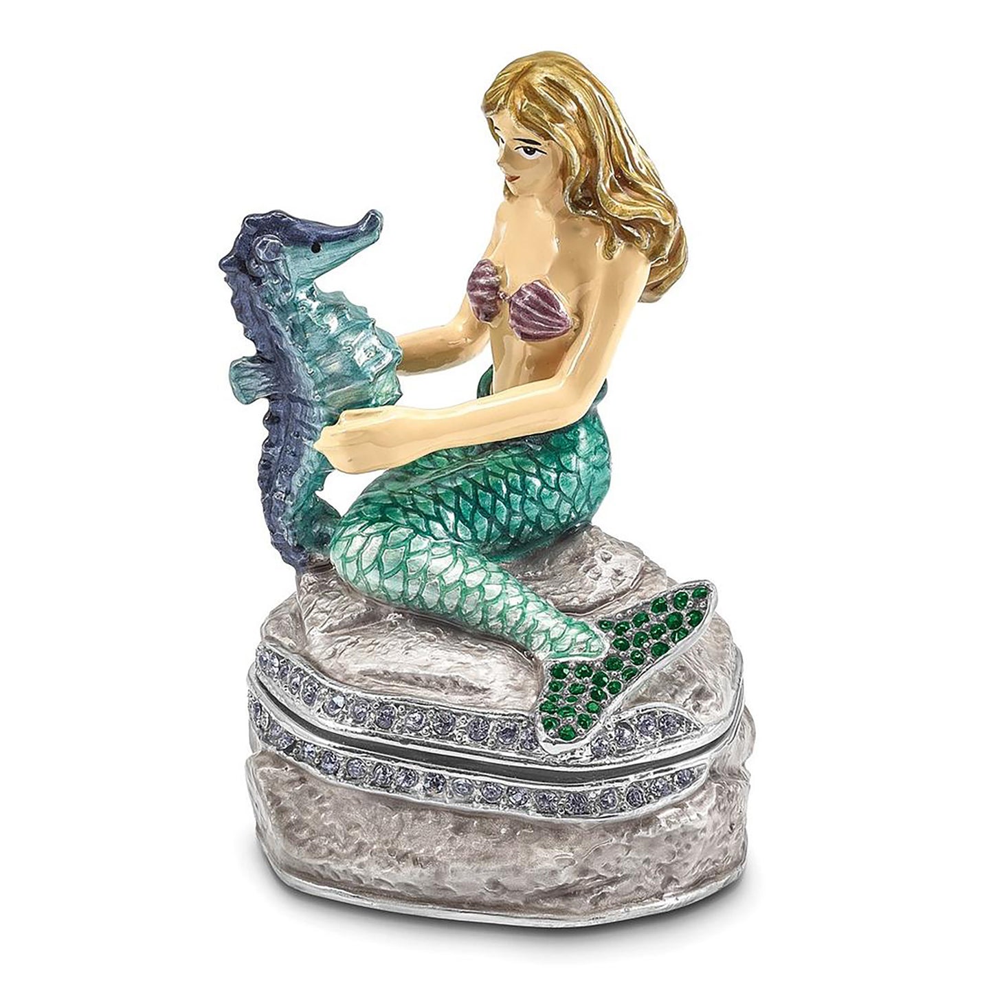 Pewter Bejeweled Crystals Silver-Tone Enameled Adella Mermaid w Seahorse Trinket Container Bejeweled Trinket Box with Matching 18 Inch Necklace, Hand Painted Enameled Collectible Gift