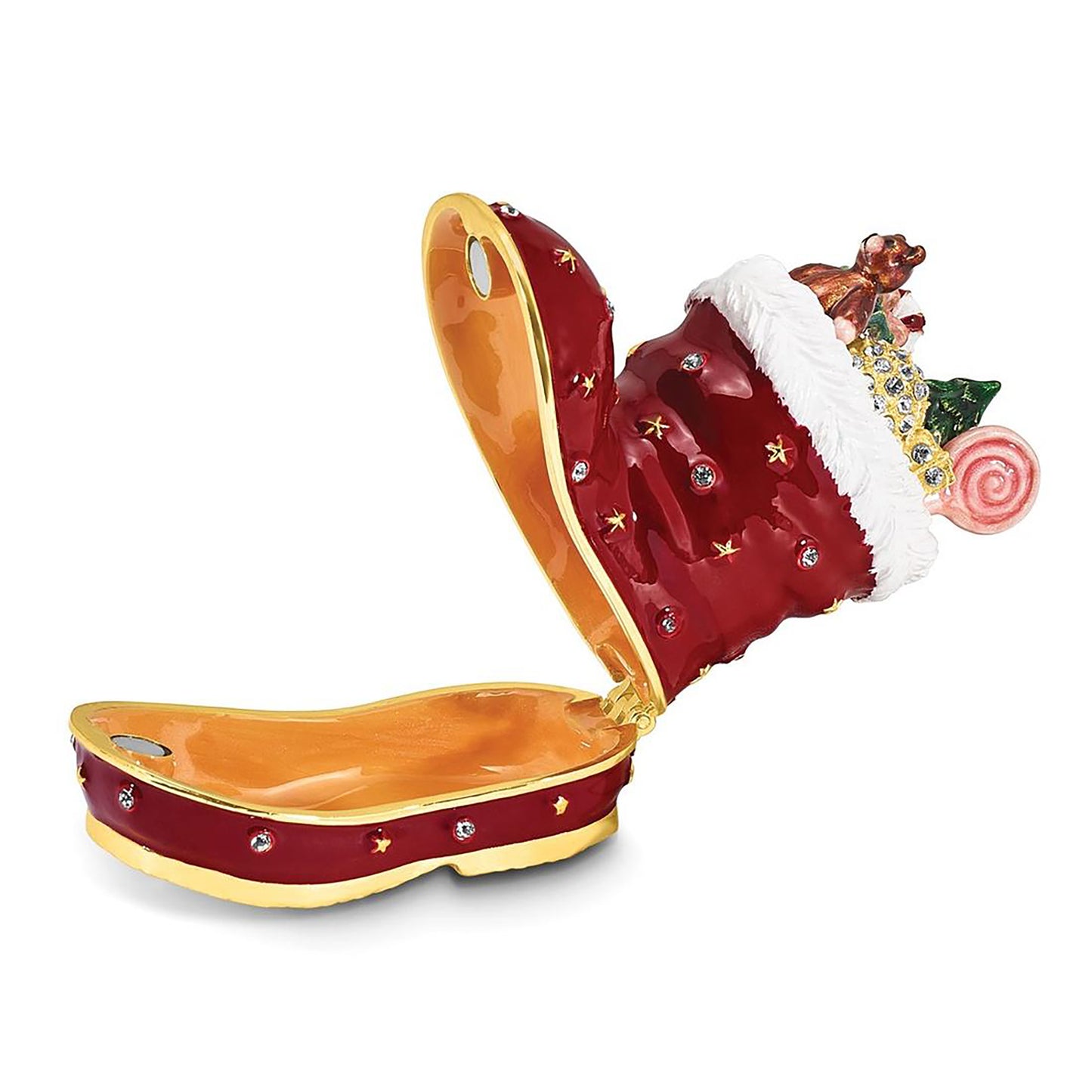 Pewter Bejeweled Crystals Gold-Tone Enameled Christmas Santa Boots Stocking Trinket Container Bejeweled Trinket Box with Matching 18 Inch Necklace, Hand Painted Enameled Collectible Gift