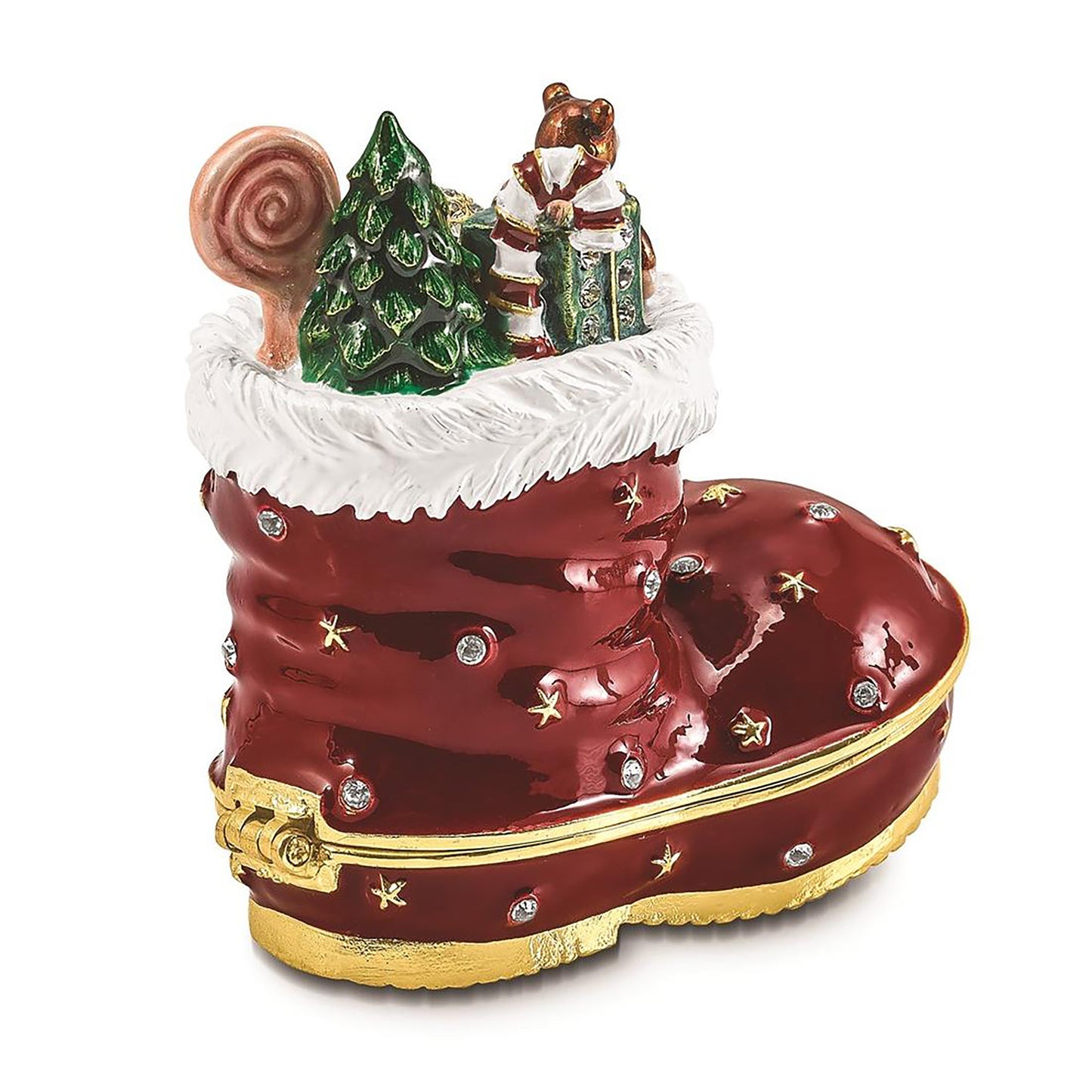 Pewter Bejeweled Crystals Gold-Tone Enameled Christmas Santa Boots Stocking Trinket Container Bejeweled Trinket Box with Matching 18 Inch Necklace, Hand Painted Enameled Collectible Gift