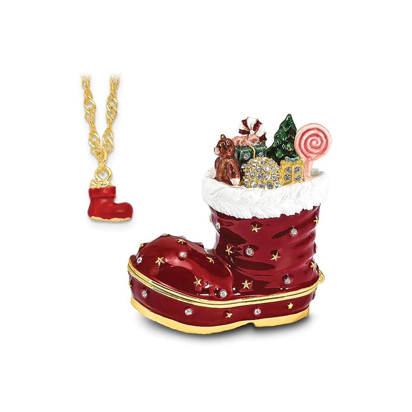 Pewter Bejeweled Crystals Gold-Tone Enameled Christmas Santa Boots Stocking Trinket Container Bejeweled Trinket Box with Matching 18 Inch Necklace, Hand Painted Enameled Collectible Gift
