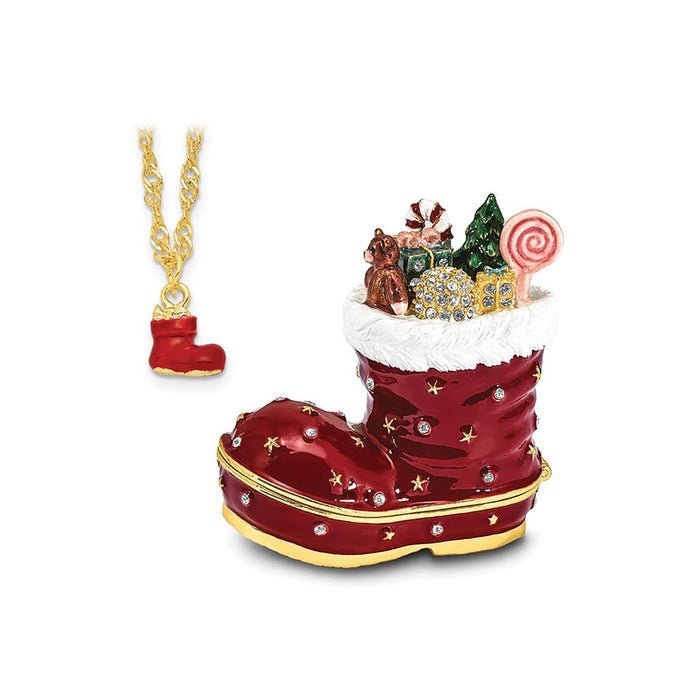 Jere Luxury Giftware Pewter Bejeweled Crystals Gold-Tone Enameled Christmas Santa Boots Stocking Trinket Container w Matching 18 Inch Necklace