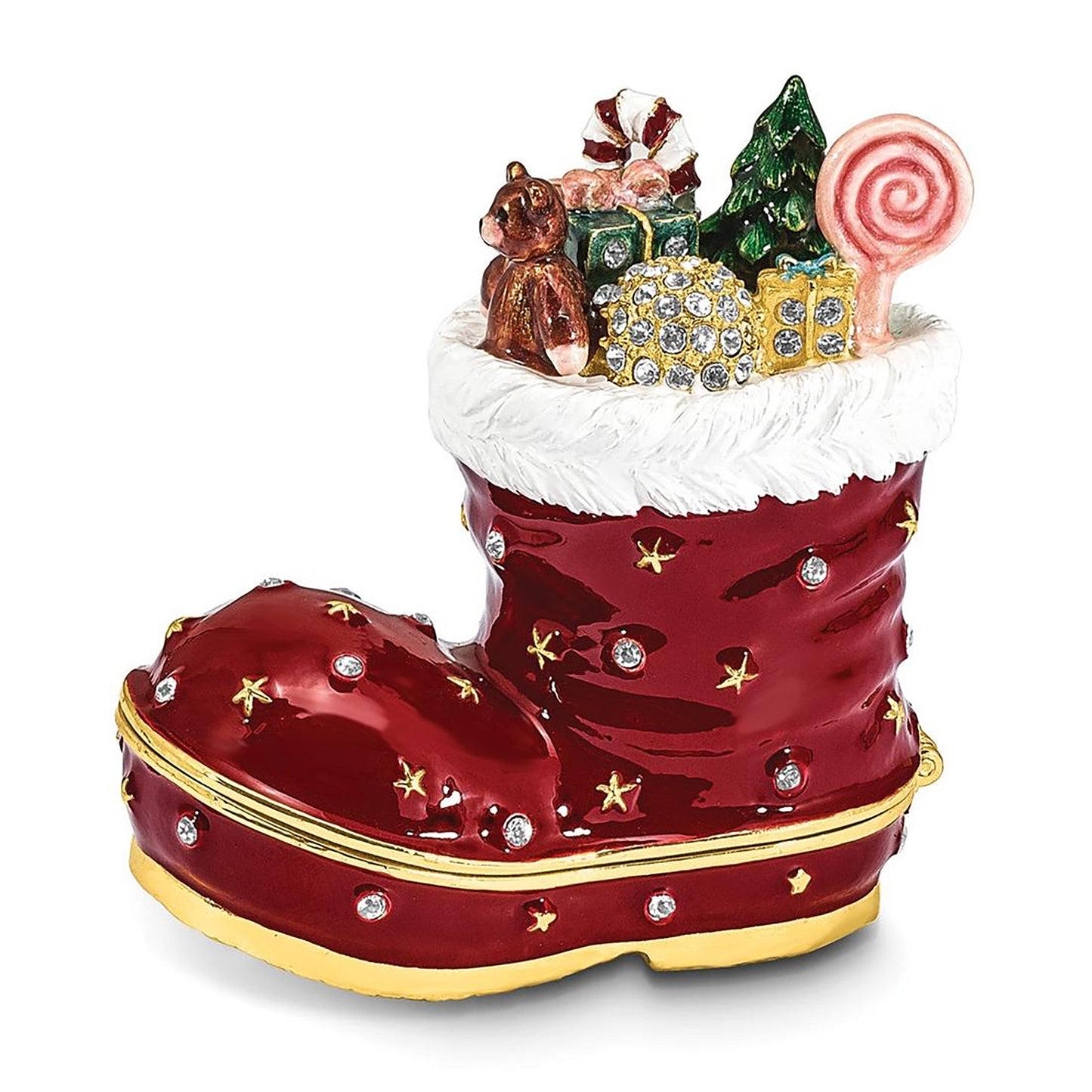 Pewter Bejeweled Crystals Gold-Tone Enameled Christmas Santa Boots Stocking Trinket Container Bejeweled Trinket Box with Matching 18 Inch Necklace, Hand Painted Enameled Collectible Gift