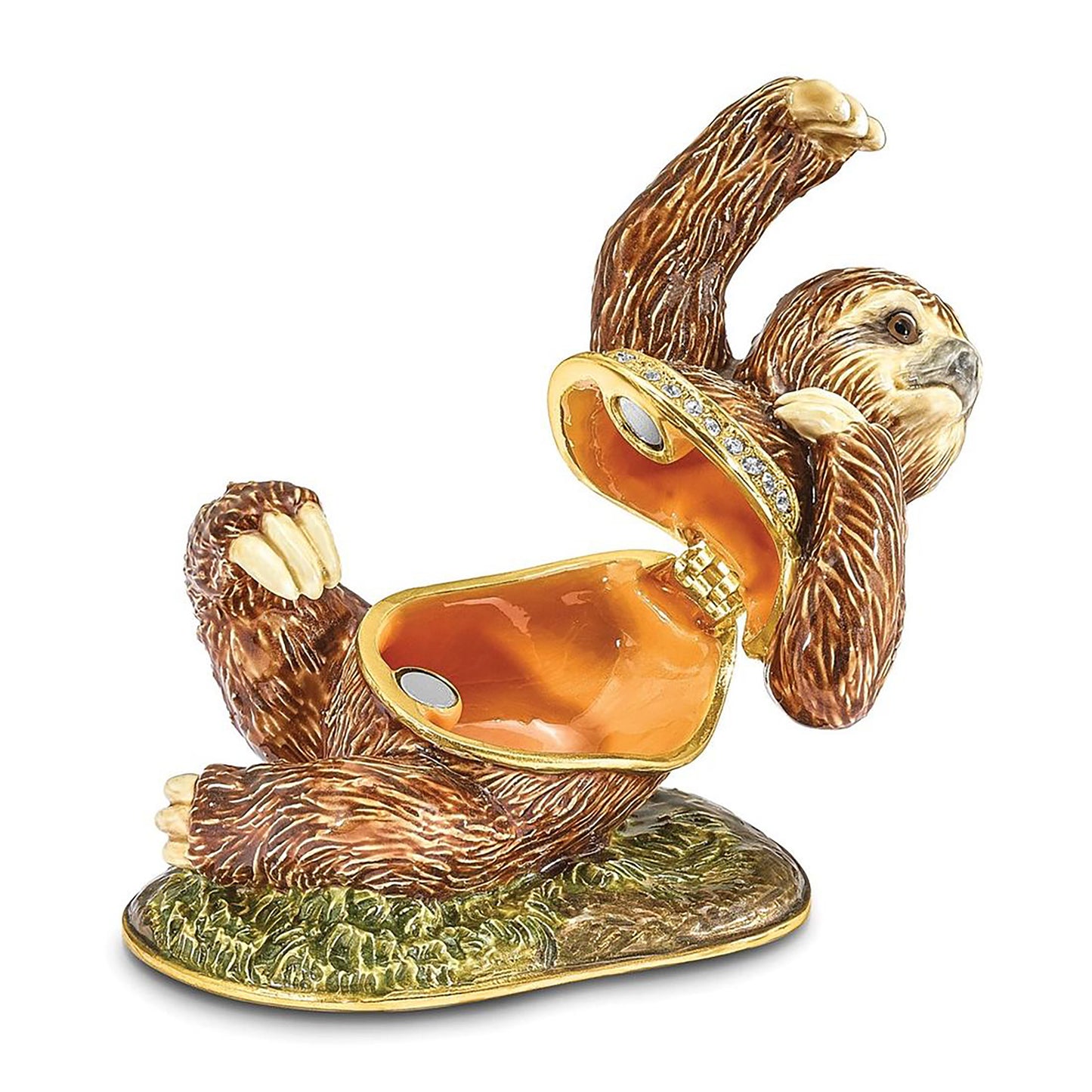 Pewter Bejeweled Crystals Gold-Tone Enameled Mellow Sloth Trinket Container Bejeweled Trinket Box with Matching 18 Inch Necklace, Hand Painted Enameled Collectible Gift