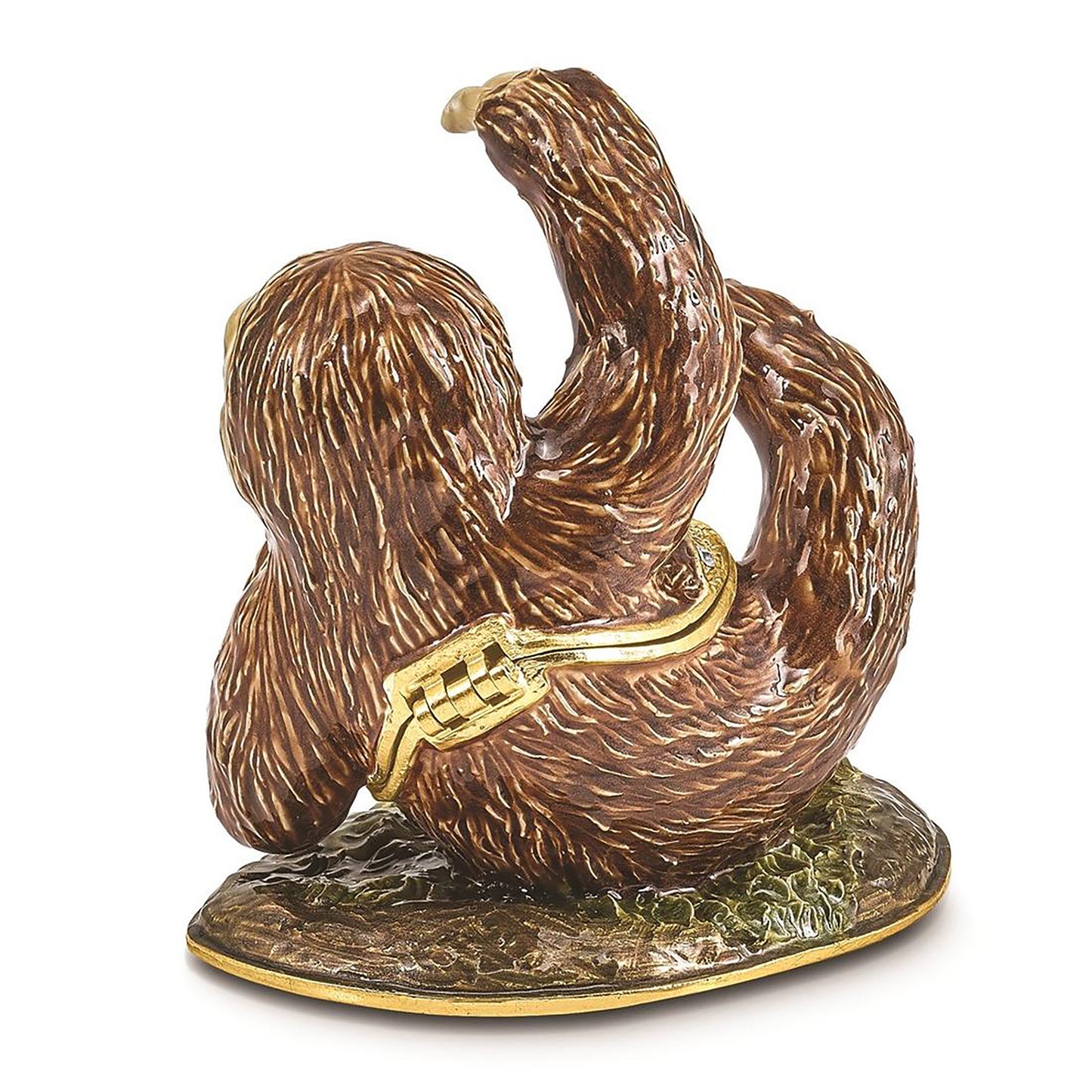 Pewter Bejeweled Crystals Gold-Tone Enameled Mellow Sloth Trinket Container Bejeweled Trinket Box with Matching 18 Inch Necklace, Hand Painted Enameled Collectible Gift