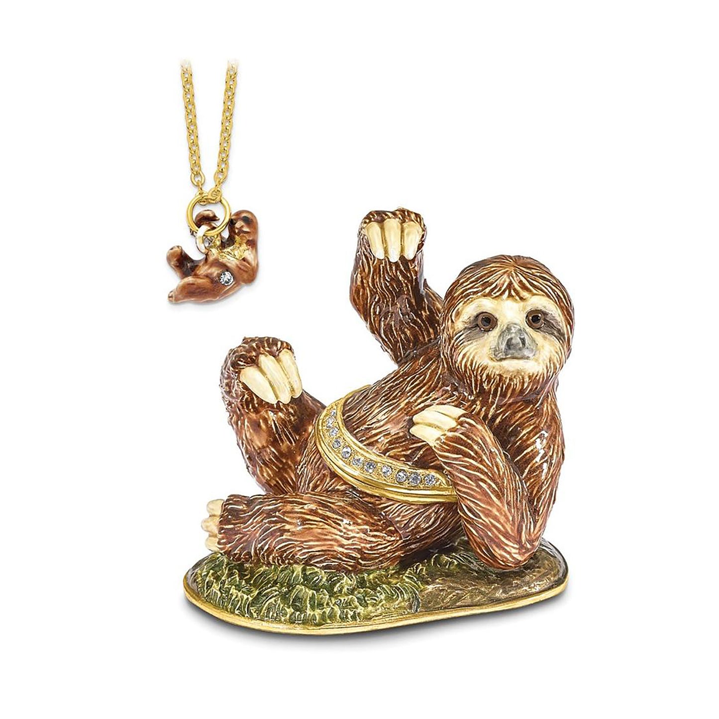 Pewter Bejeweled Crystals Gold-Tone Enameled Mellow Sloth Trinket Container Bejeweled Trinket Box with Matching 18 Inch Necklace, Hand Painted Enameled Collectible Gift