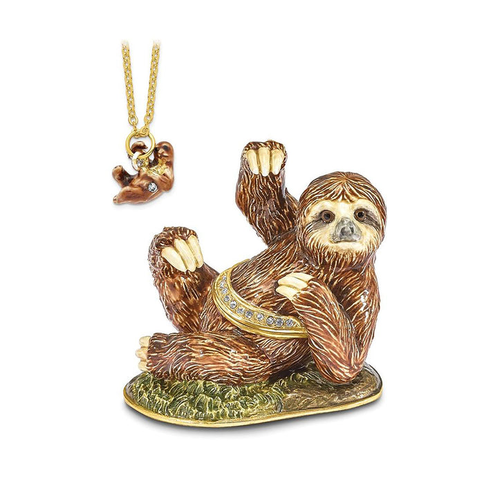 Jere Luxury Giftware Pewter Bejeweled Crystals Gold-Tone Enameled Mellow Sloth Trinket Container w Matching 18 Inch Necklace