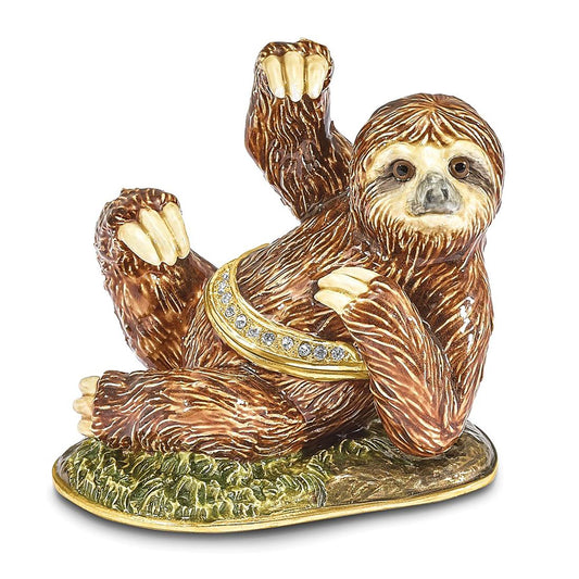 Pewter Bejeweled Crystals Gold-Tone Enameled Mellow Sloth Trinket Container Bejeweled Trinket Box with Matching 18 Inch Necklace, Hand Painted Enameled Collectible Gift
