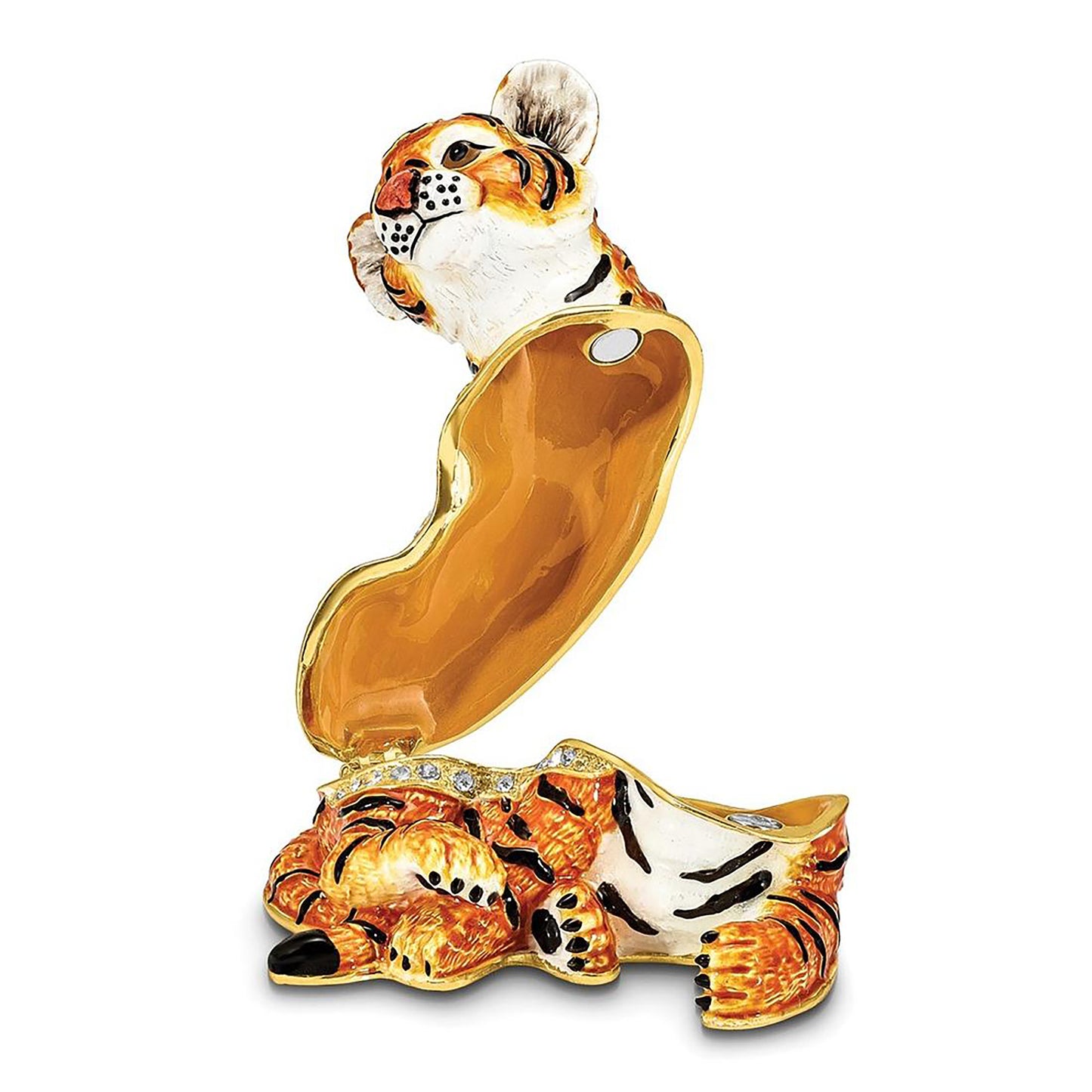 Pewter Bejeweled Crystals Gold-Tone Enameled Tonda Young Tiger Trinket Container Bejeweled Trinket Box with Matching 18 Inch Necklace, Hand Painted Enameled Collectible Gift