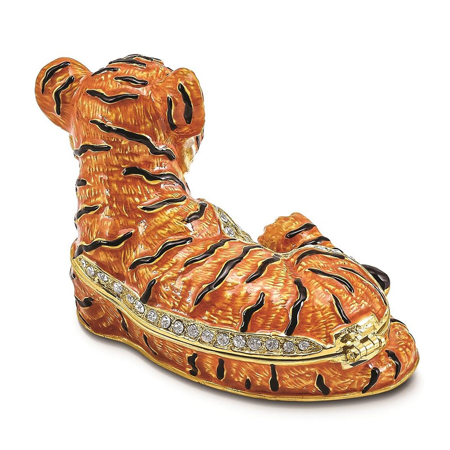 Pewter Bejeweled Crystals Gold-Tone Enameled Tonda Young Tiger Trinket Container Bejeweled Trinket Box with Matching 18 Inch Necklace, Hand Painted Enameled Collectible Gift