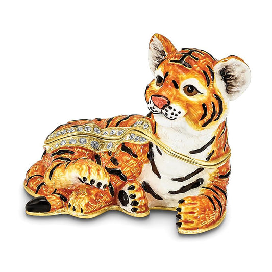 Pewter Bejeweled Crystals Gold-Tone Enameled Tonda Young Tiger Trinket Container Bejeweled Trinket Box with Matching 18 Inch Necklace, Hand Painted Enameled Collectible Gift