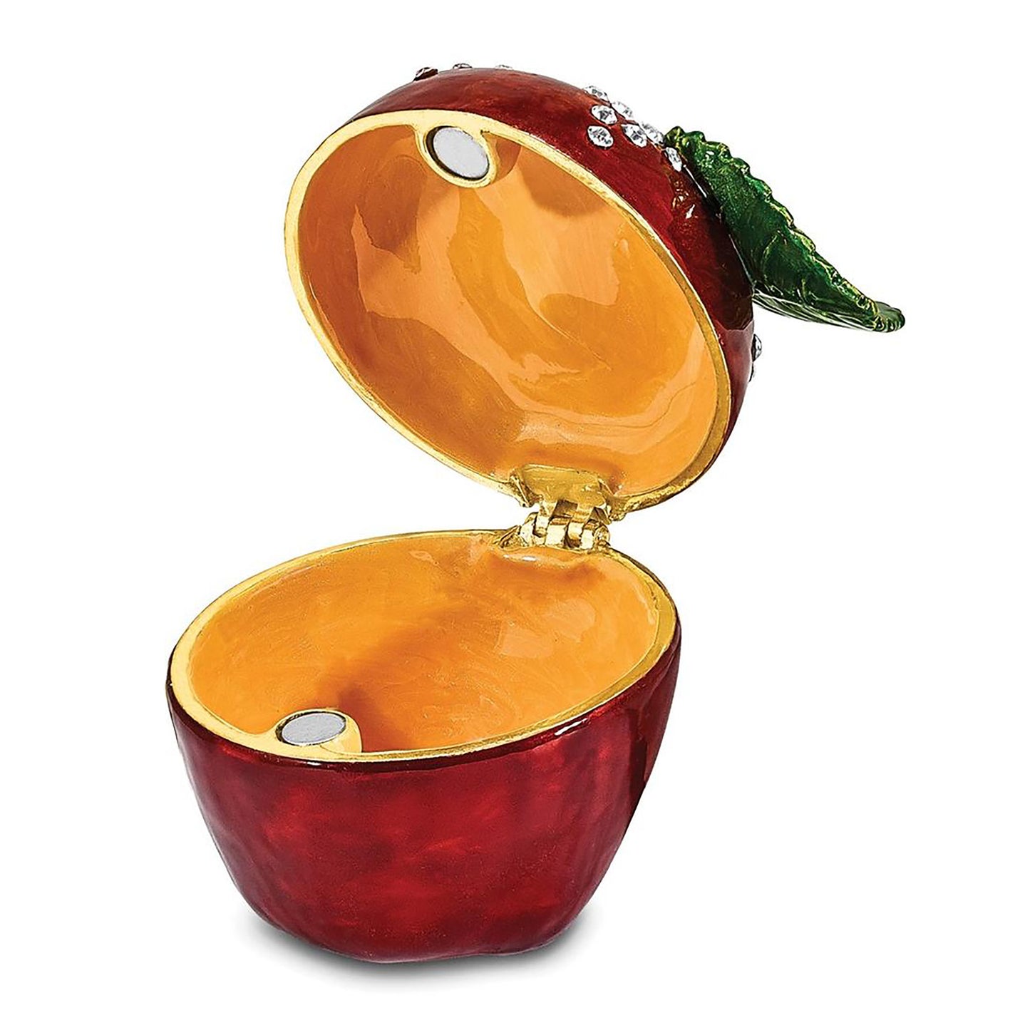 Pewter Bejeweled Crystals Gold-Tone Enameled Delicious Apple Trinket Container Bejeweled Trinket Box with Matching 18 Inch Necklace, Hand Painted Enameled Collectible Gift