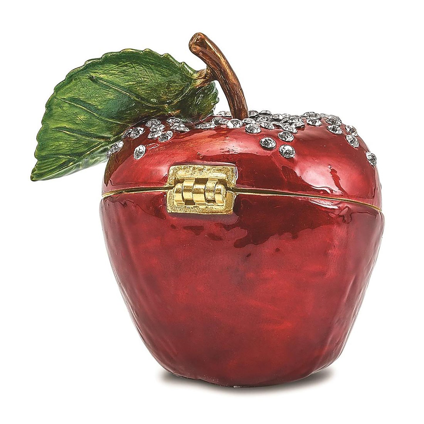 Pewter Bejeweled Crystals Gold-Tone Enameled Delicious Apple Trinket Container Bejeweled Trinket Box with Matching 18 Inch Necklace, Hand Painted Enameled Collectible Gift
