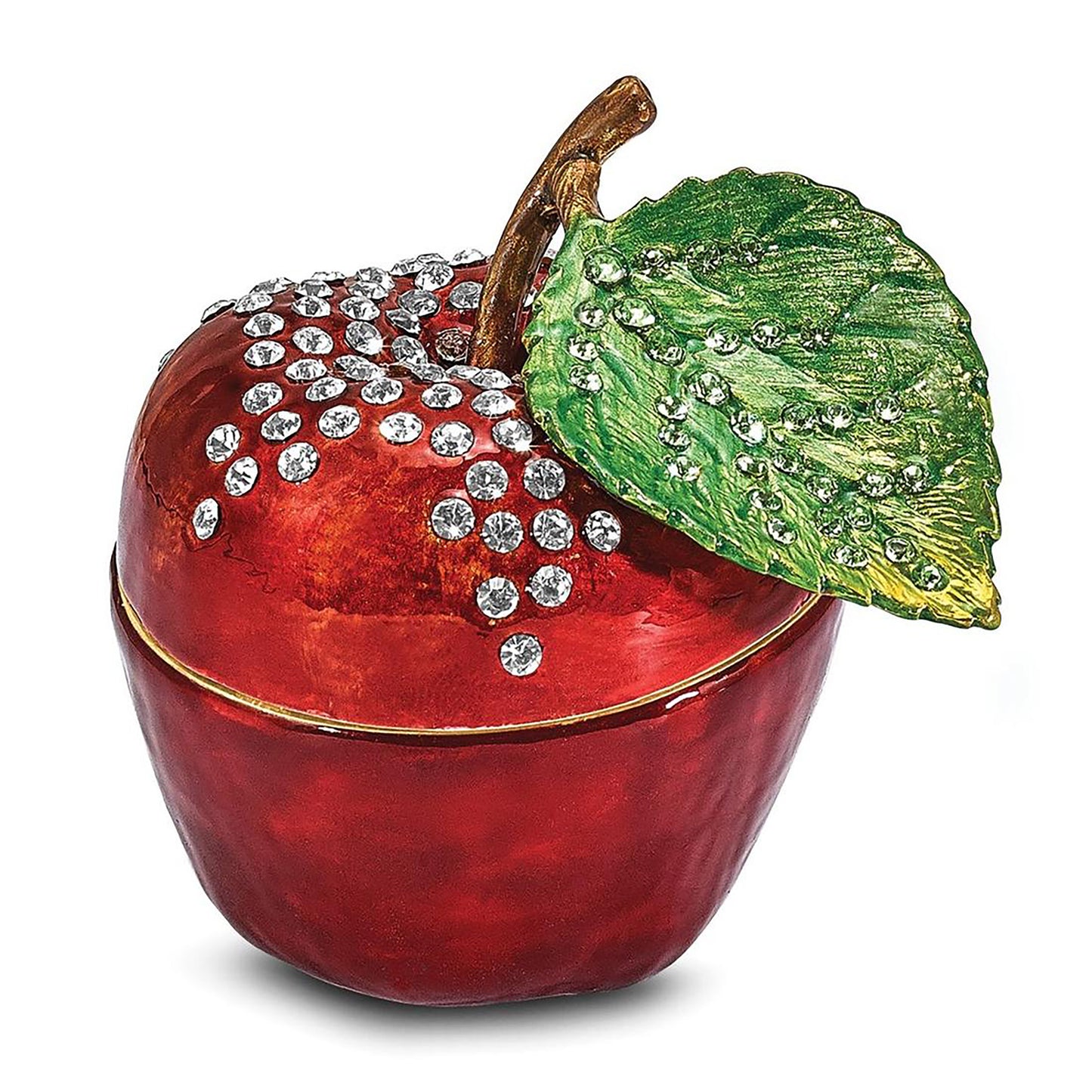 Pewter Bejeweled Crystals Gold-Tone Enameled Delicious Apple Trinket Container Bejeweled Trinket Box with Matching 18 Inch Necklace, Hand Painted Enameled Collectible Gift