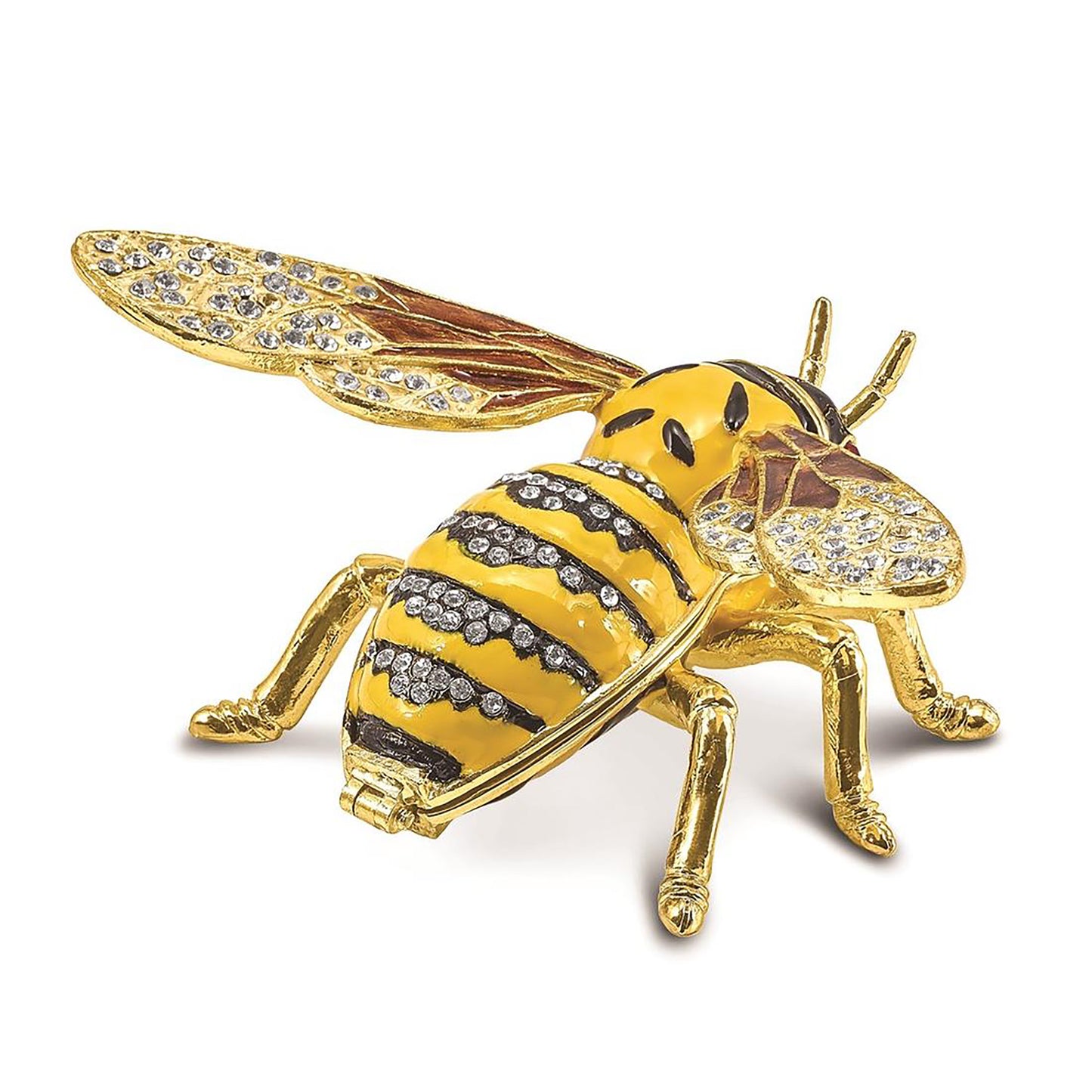 Pewter Bejeweled Crystals Gold-Tone Enameled Buzz Bumblebee Trinket Container Bejeweled Trinket Box with Matching 18 Inch Necklace, Hand Painted Enameled Collectible Gift