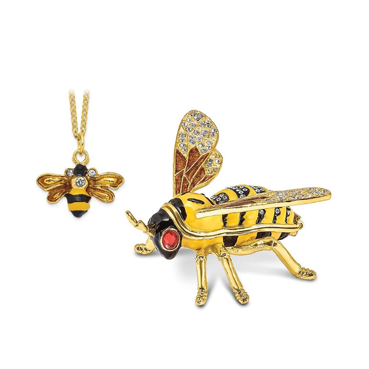 Pewter Bejeweled Crystals Gold-Tone Enameled Buzz Bumblebee Trinket Container Bejeweled Trinket Box with Matching 18 Inch Necklace, Hand Painted Enameled Collectible Gift