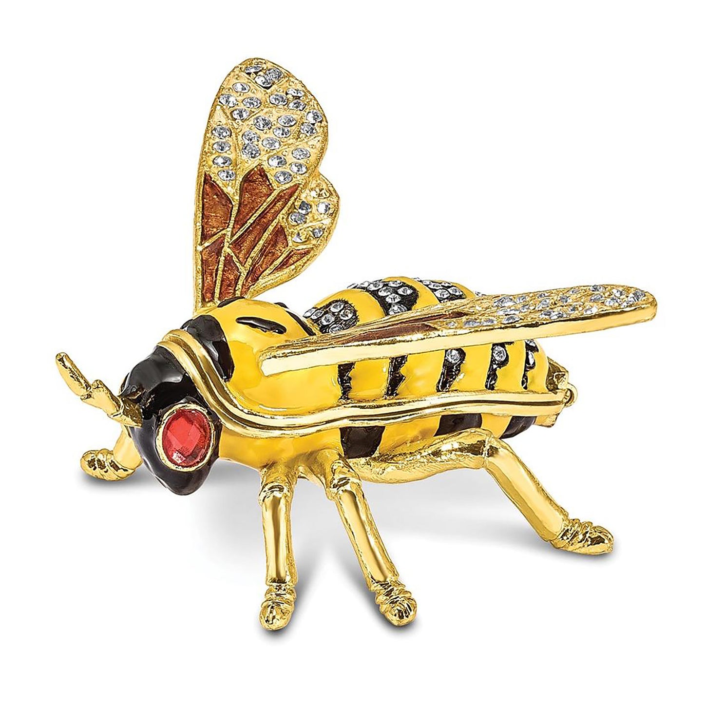 Pewter Bejeweled Crystals Gold-Tone Enameled Buzz Bumblebee Trinket Container Bejeweled Trinket Box with Matching 18 Inch Necklace, Hand Painted Enameled Collectible Gift