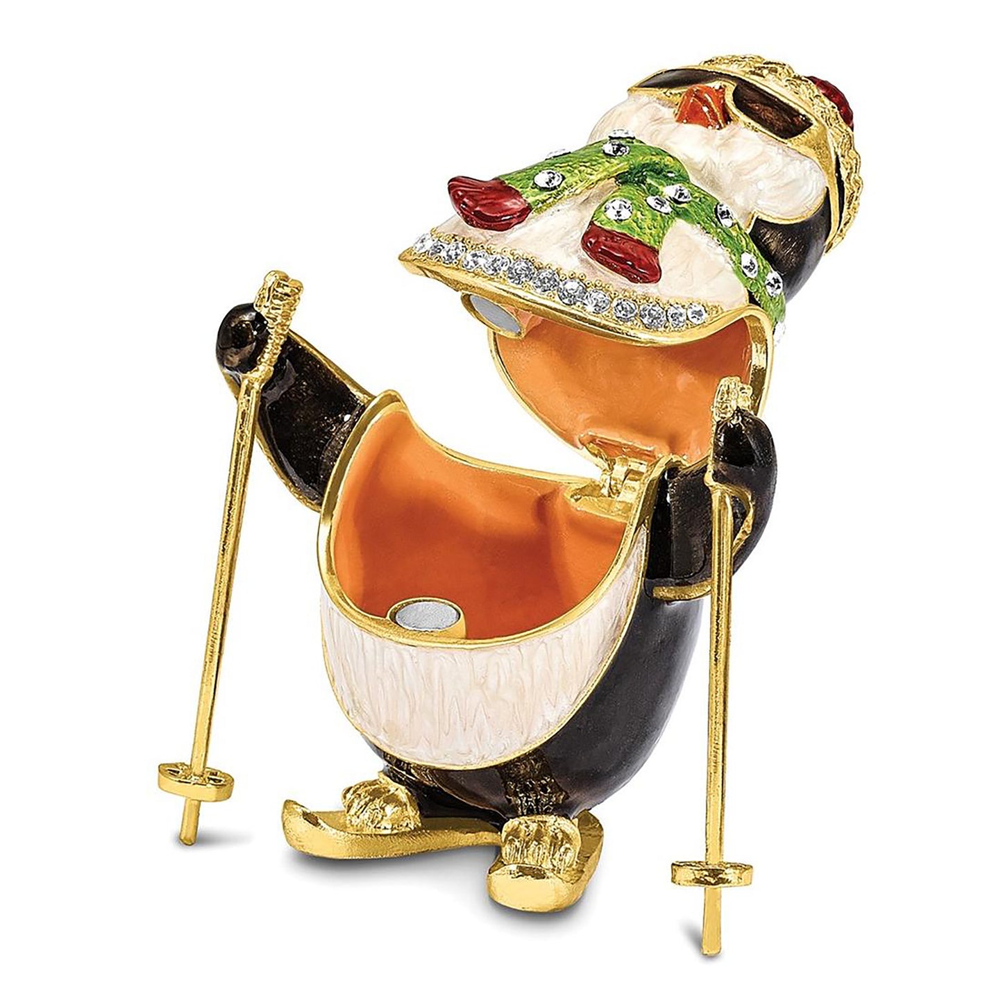 Pewter Bejeweled Crystals Gold-Tone Enameled Koolio Skiing Penguin Trinket Container Bejeweled Trinket Box with Matching 18 Inch Necklace, Hand Painted Enameled Collectible Gift