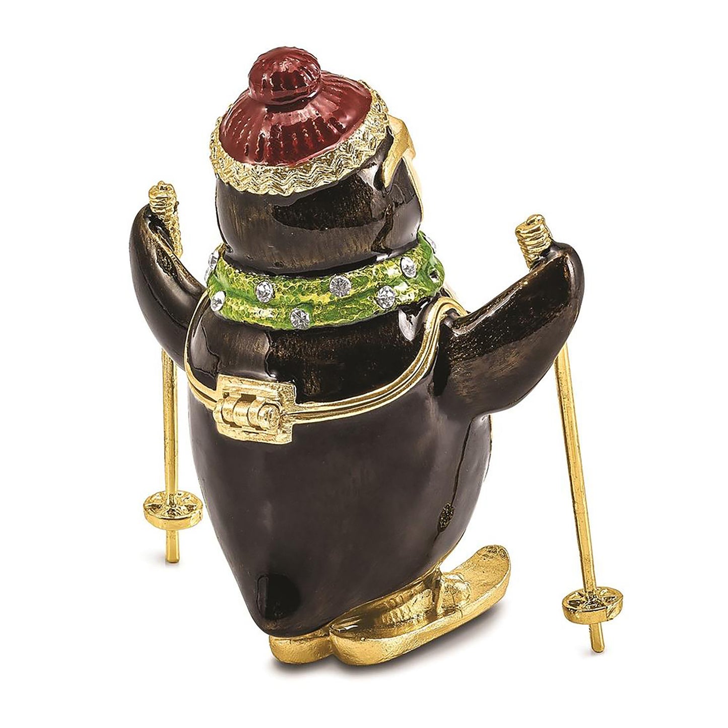 Pewter Bejeweled Crystals Gold-Tone Enameled Koolio Skiing Penguin Trinket Container Bejeweled Trinket Box with Matching 18 Inch Necklace, Hand Painted Enameled Collectible Gift
