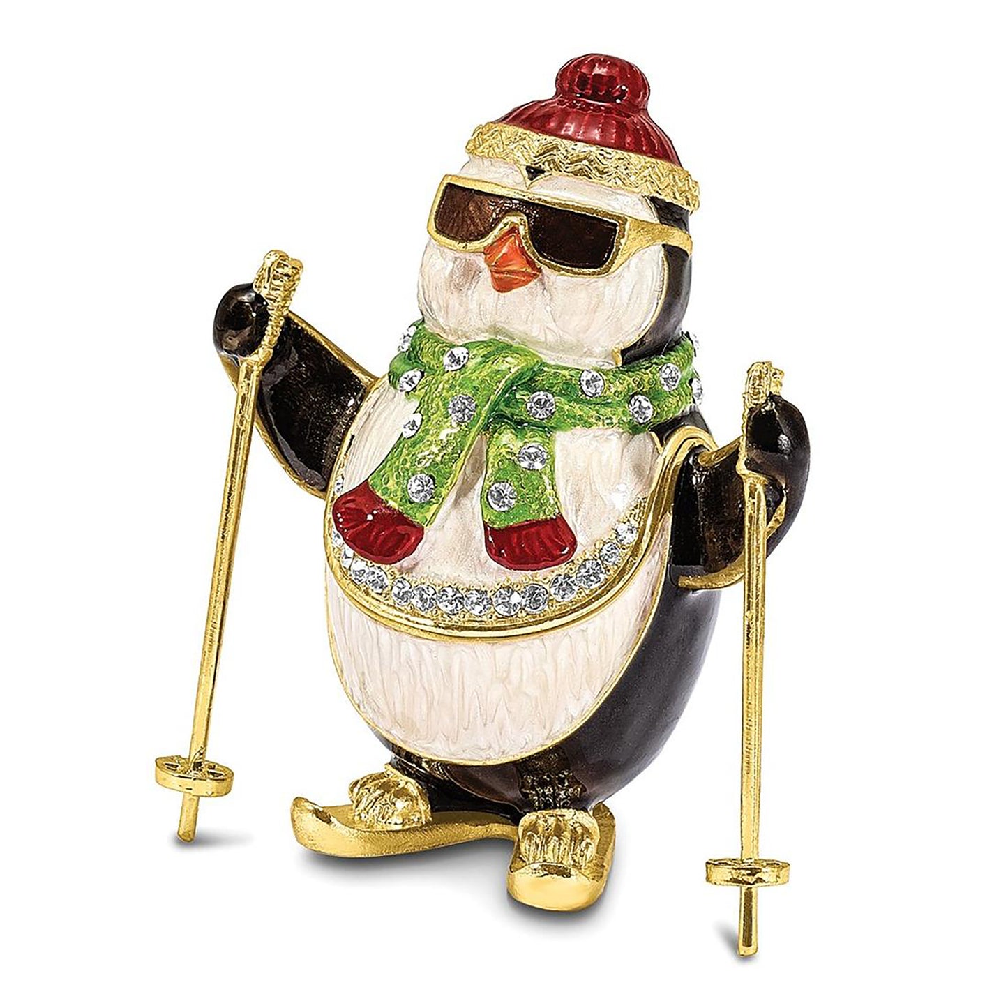 Pewter Bejeweled Crystals Gold-Tone Enameled Koolio Skiing Penguin Trinket Container Bejeweled Trinket Box with Matching 18 Inch Necklace, Hand Painted Enameled Collectible Gift