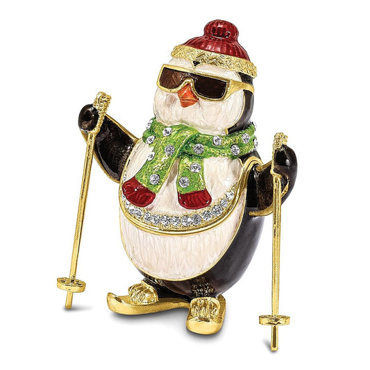 Pewter Bejeweled Crystals Gold-Tone Enameled Koolio Skiing Penguin Trinket Container Bejeweled Trinket Box with Matching 18 Inch Necklace, Hand Painted Enameled Collectible Gift